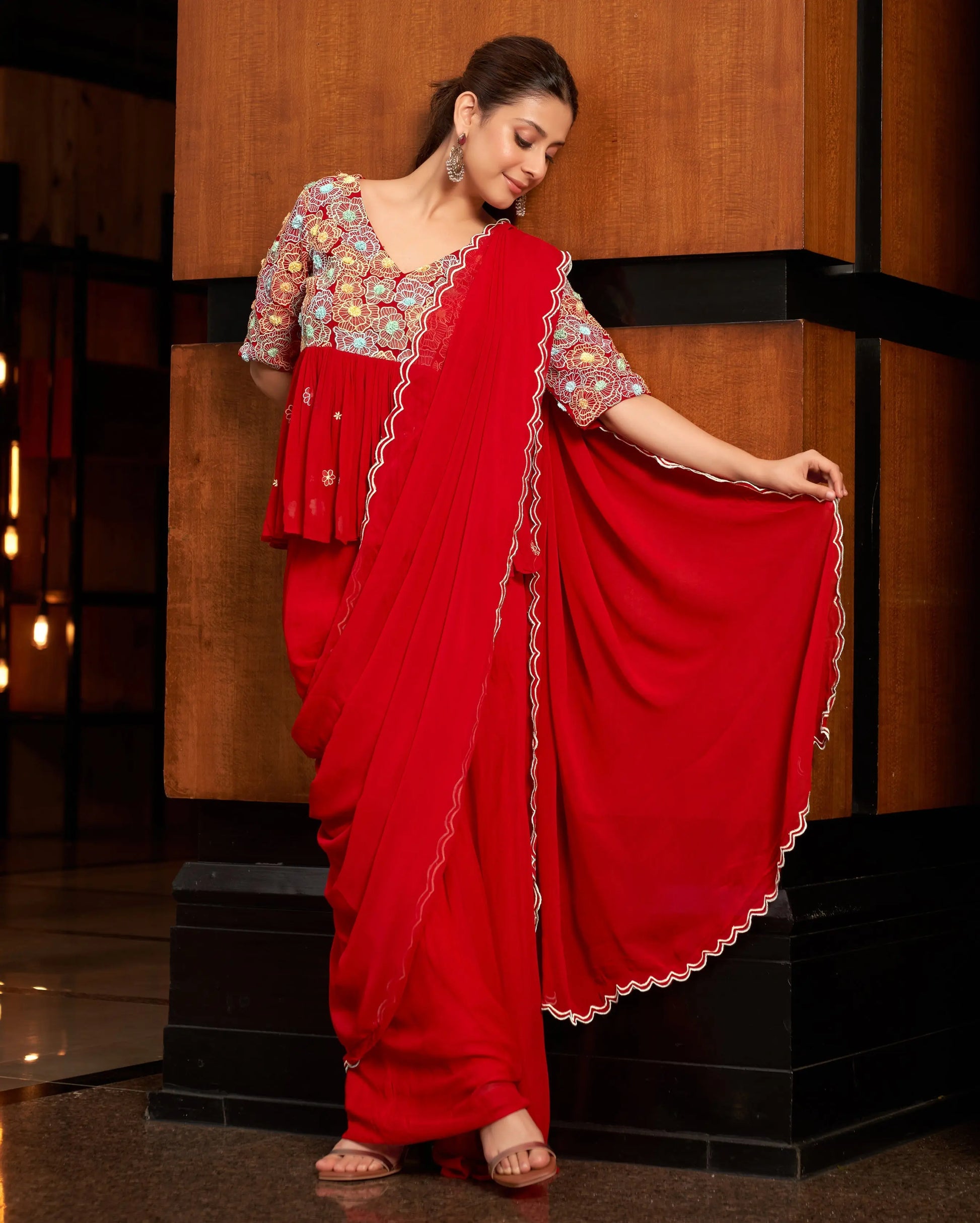 Phool Red Embroidered Georgette Pre Draped Saree My Store
