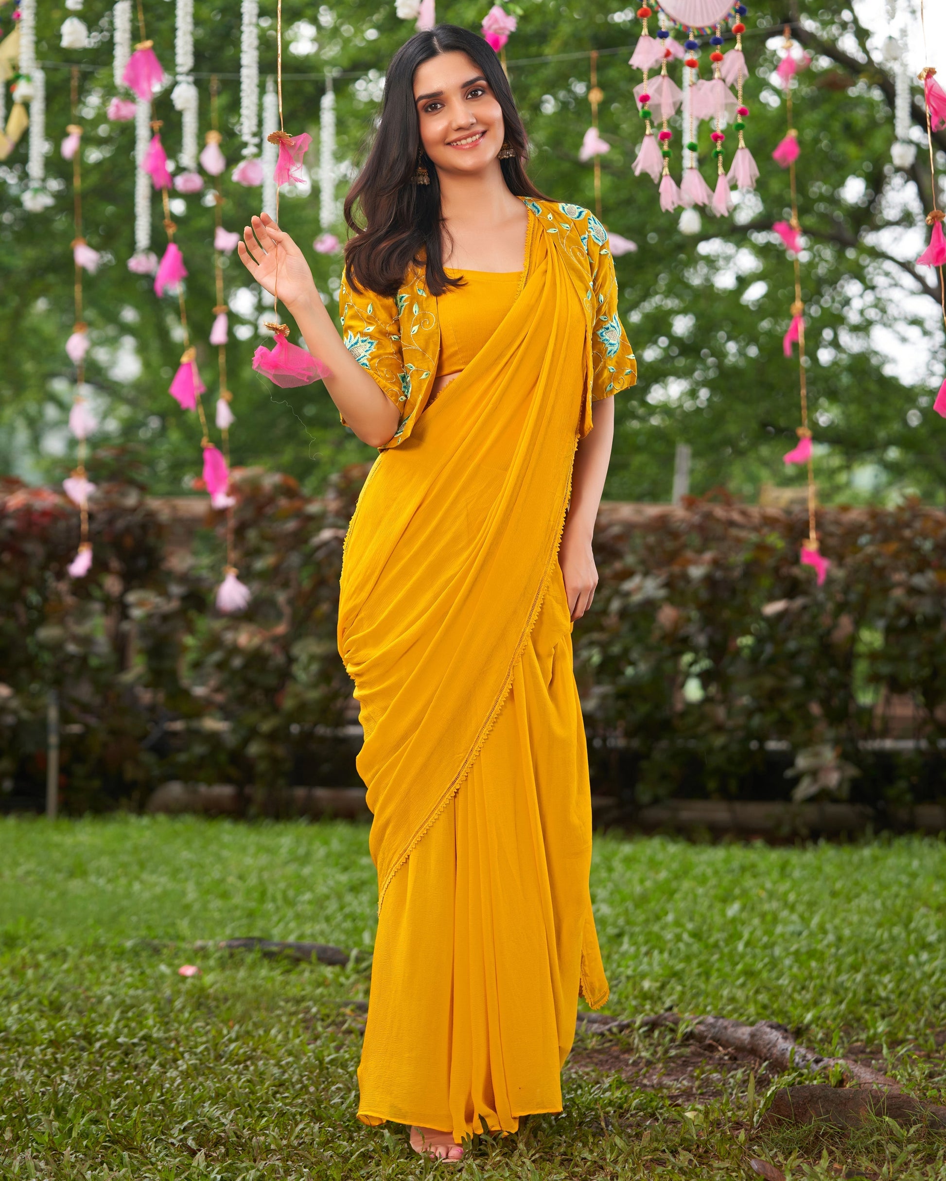 Uday Mustard Yellow Embroidered Chinon Pre Draped Saree Quick Cart
