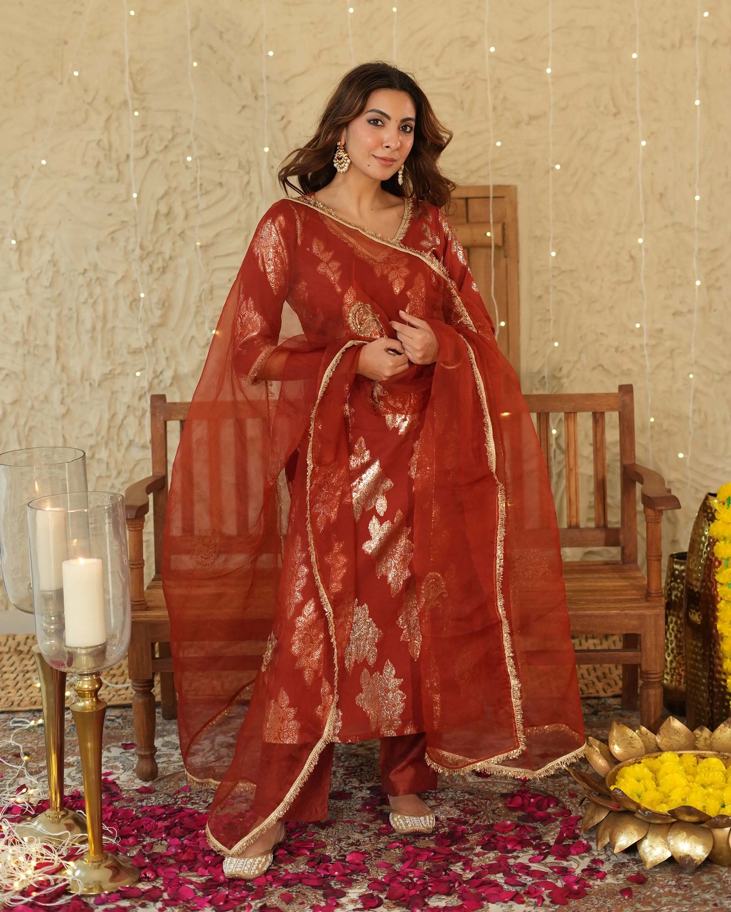 Diya Orange Jacquard Suit Set My Store