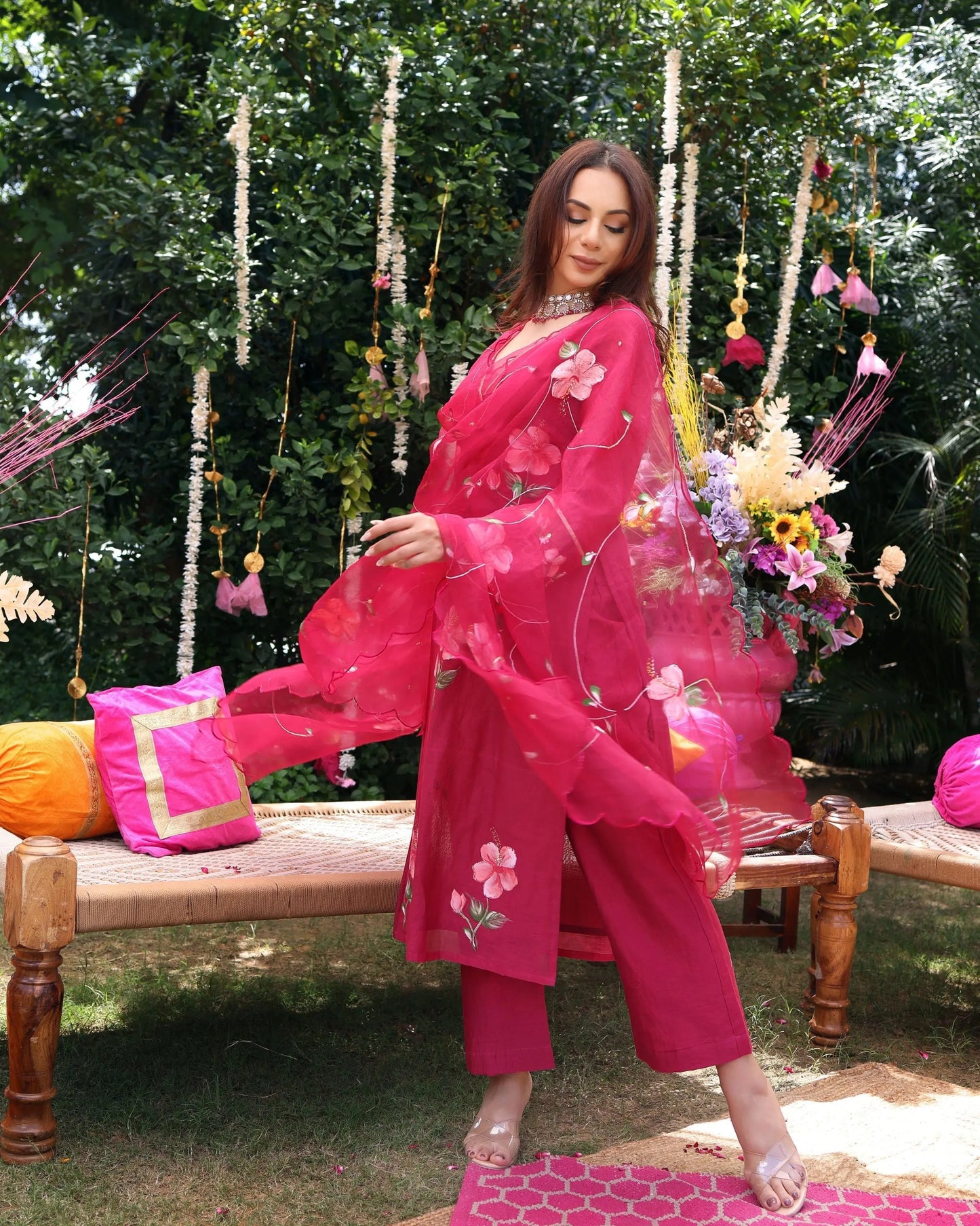 Berry Bliss Magenta Handpainted Chanderi Suit Set My Store