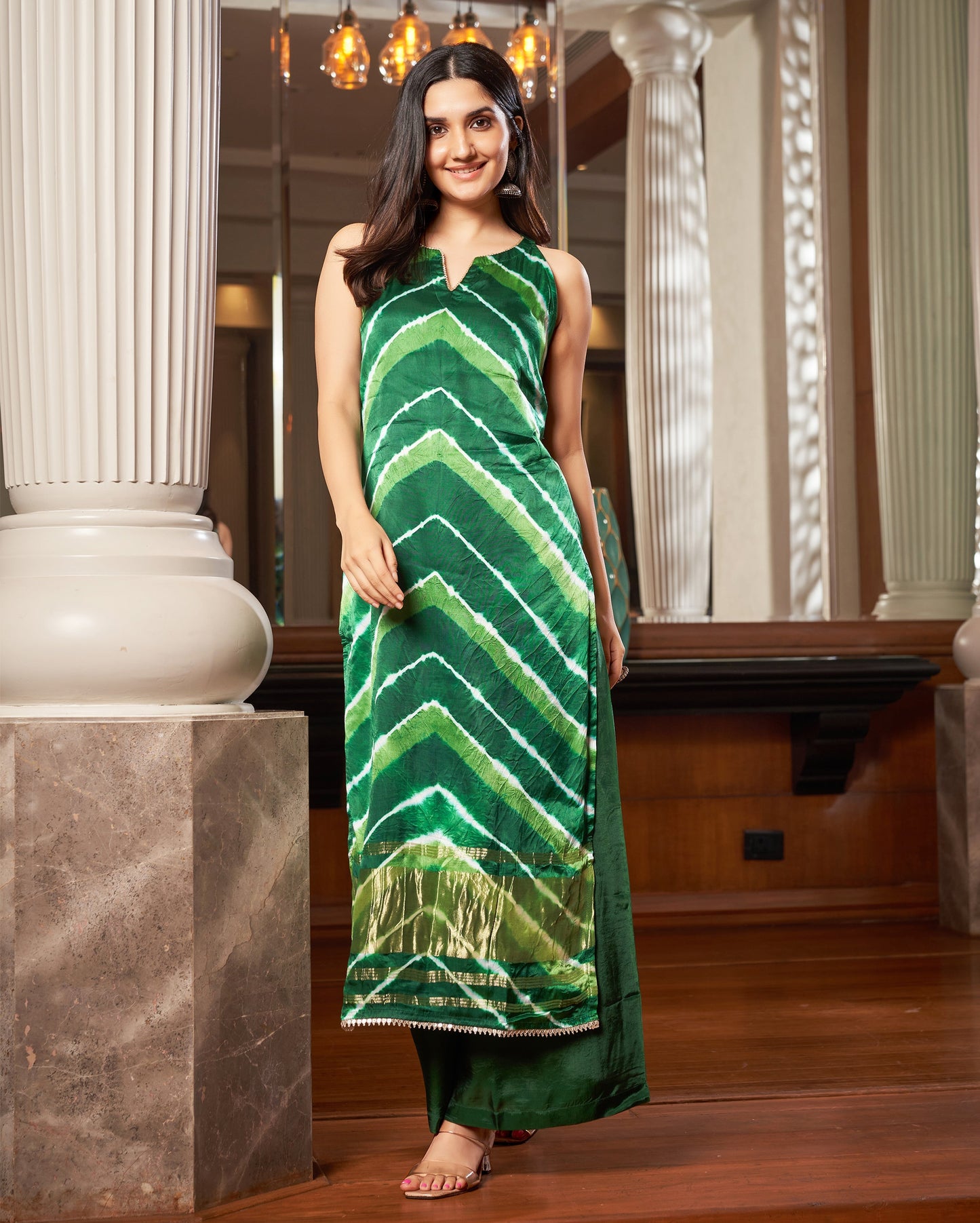 Gamha Green Leheriya Silk Kurta set Quick Cart