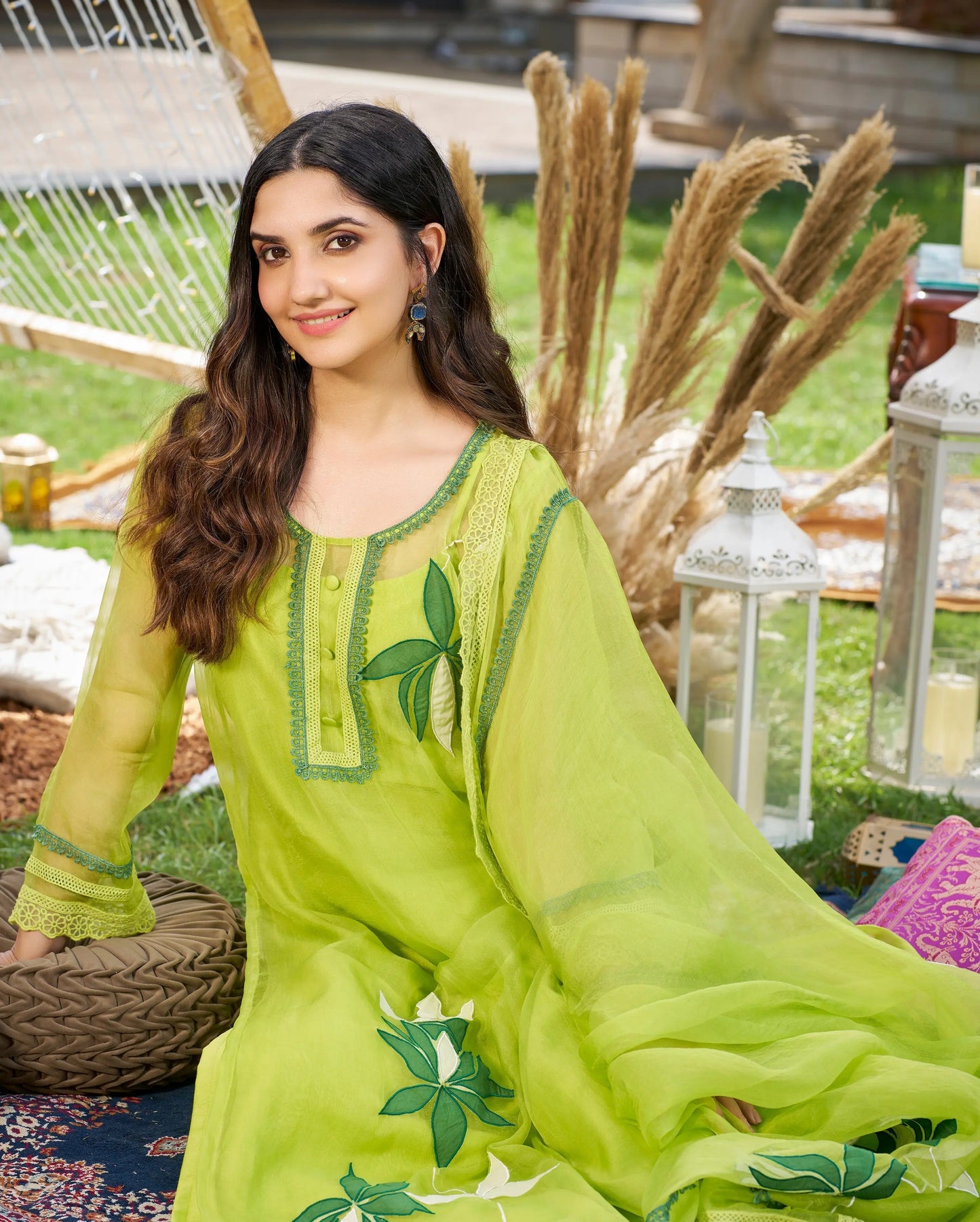 Daai Neon Green Applique Organza Kurta Set My Store