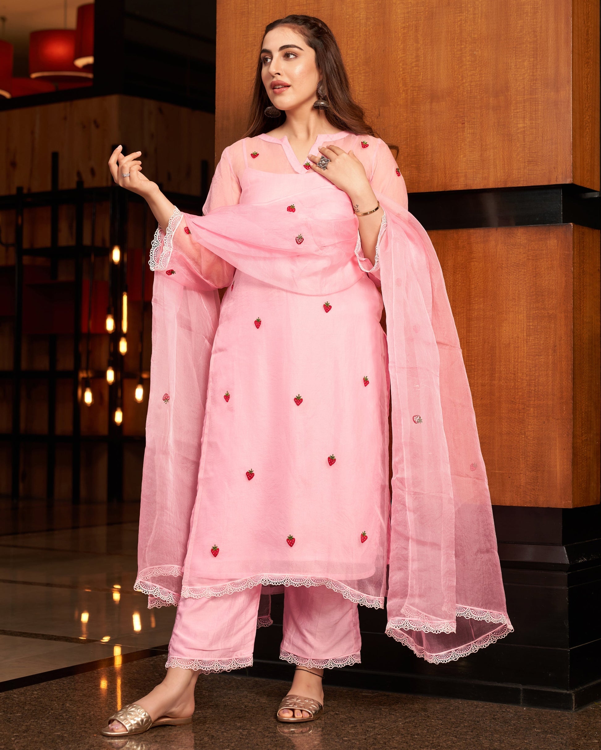 Rangrez Baby Pink Embroidered Organza Suit Set Quick Cart