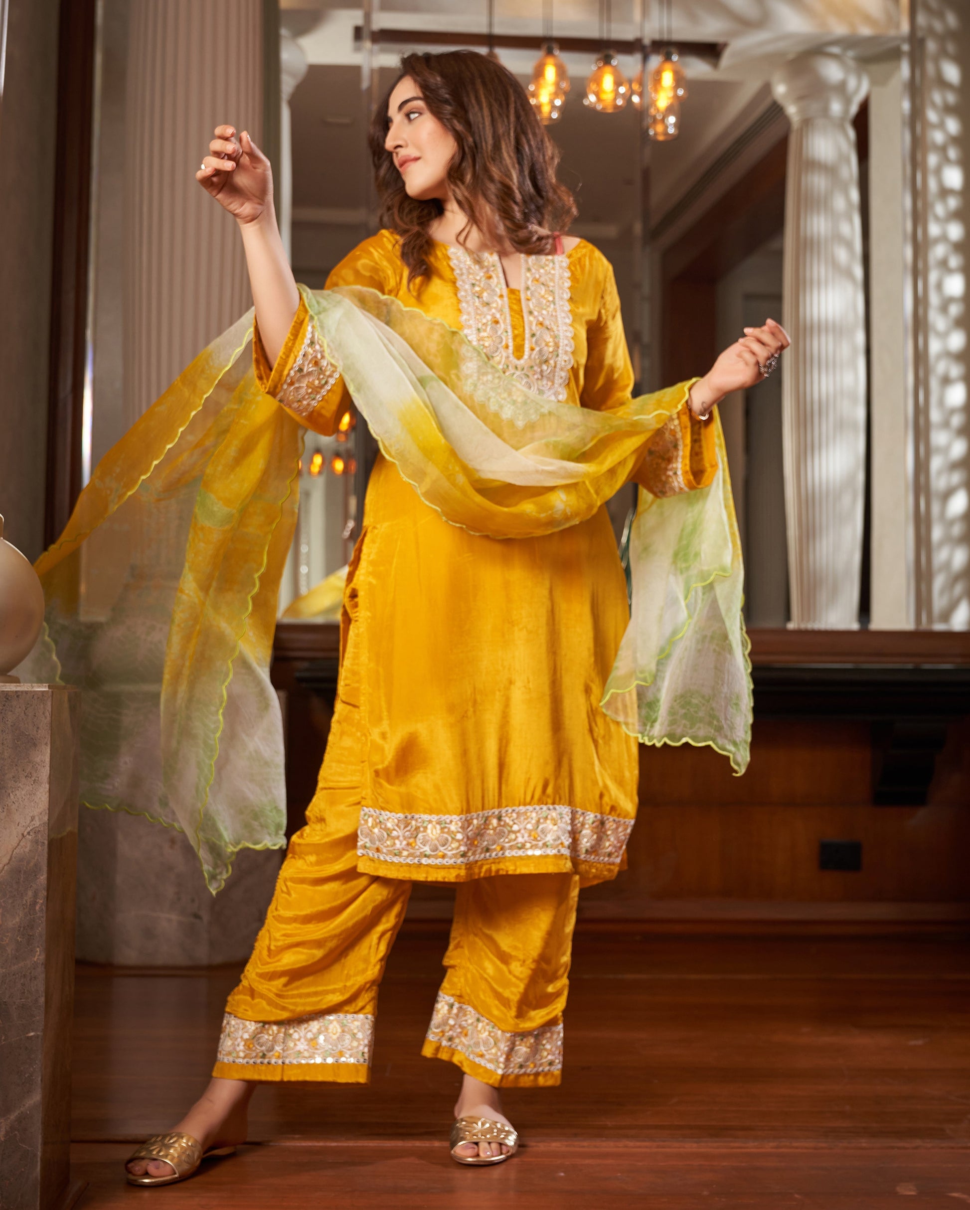 Seedit Yellow Solid Silk Suit Set Quick Cart