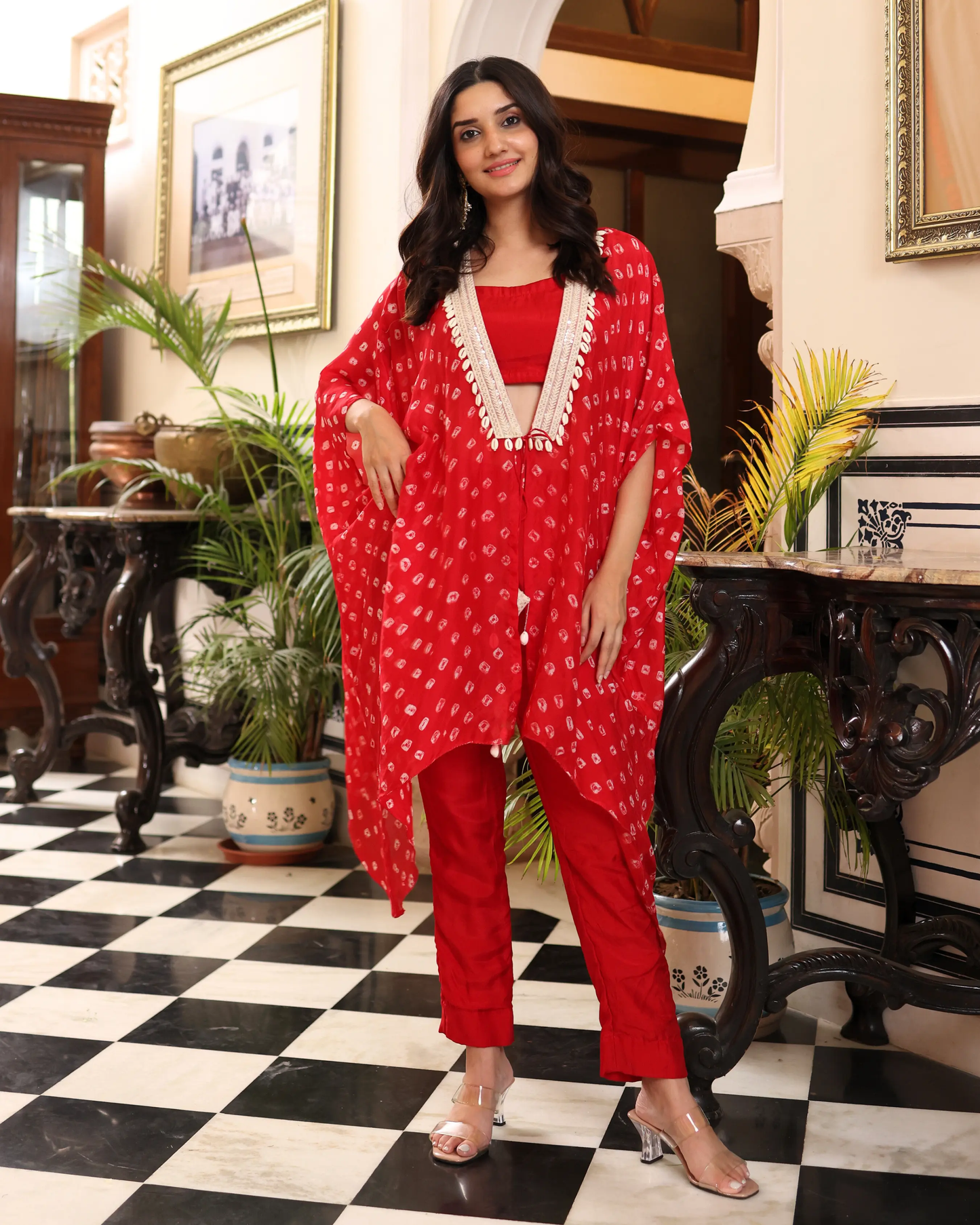 Flaming Red Bandhani Silk Coord Set My Store