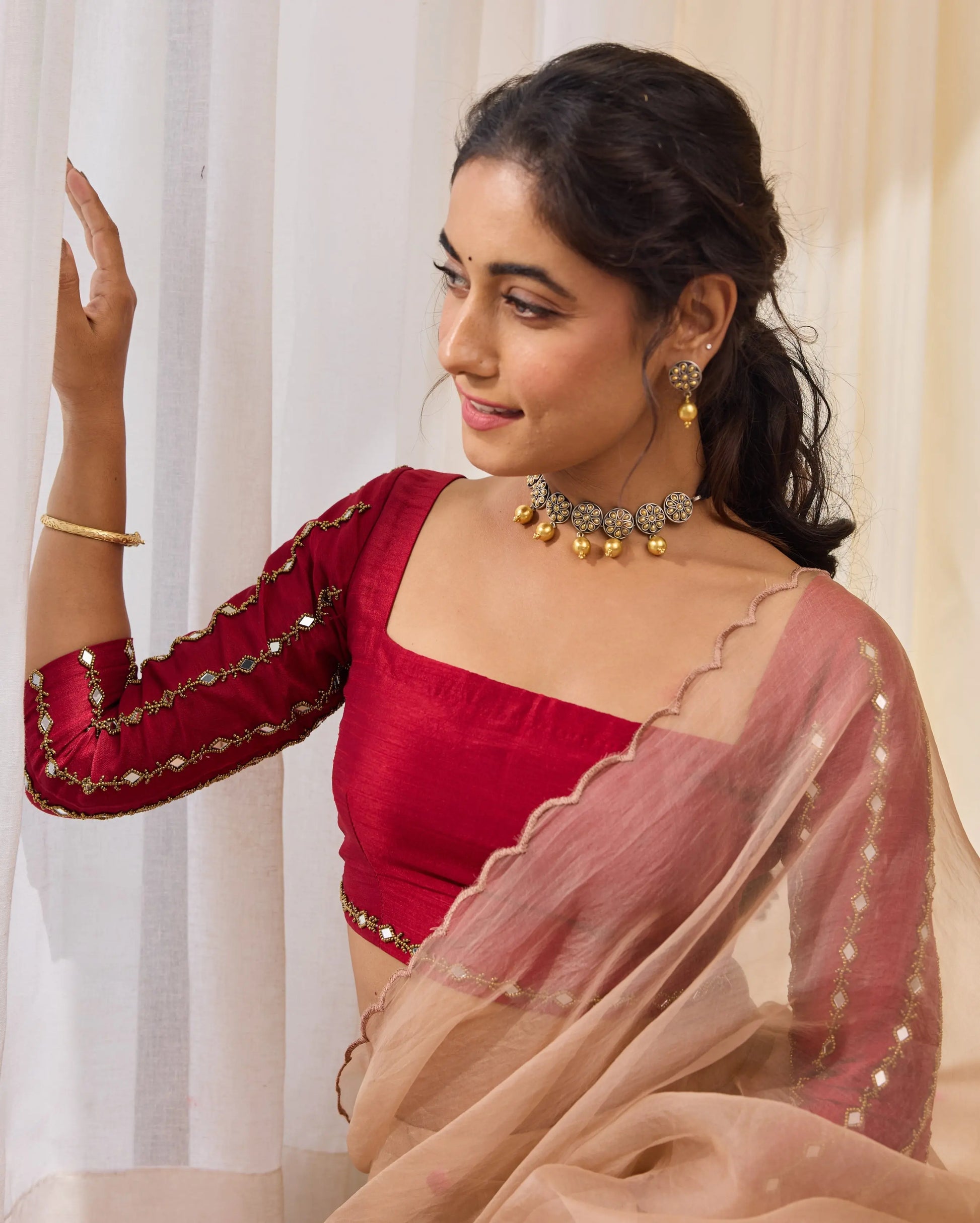 Desert Bloom Maroon Silk Embroidered Blouse My Store