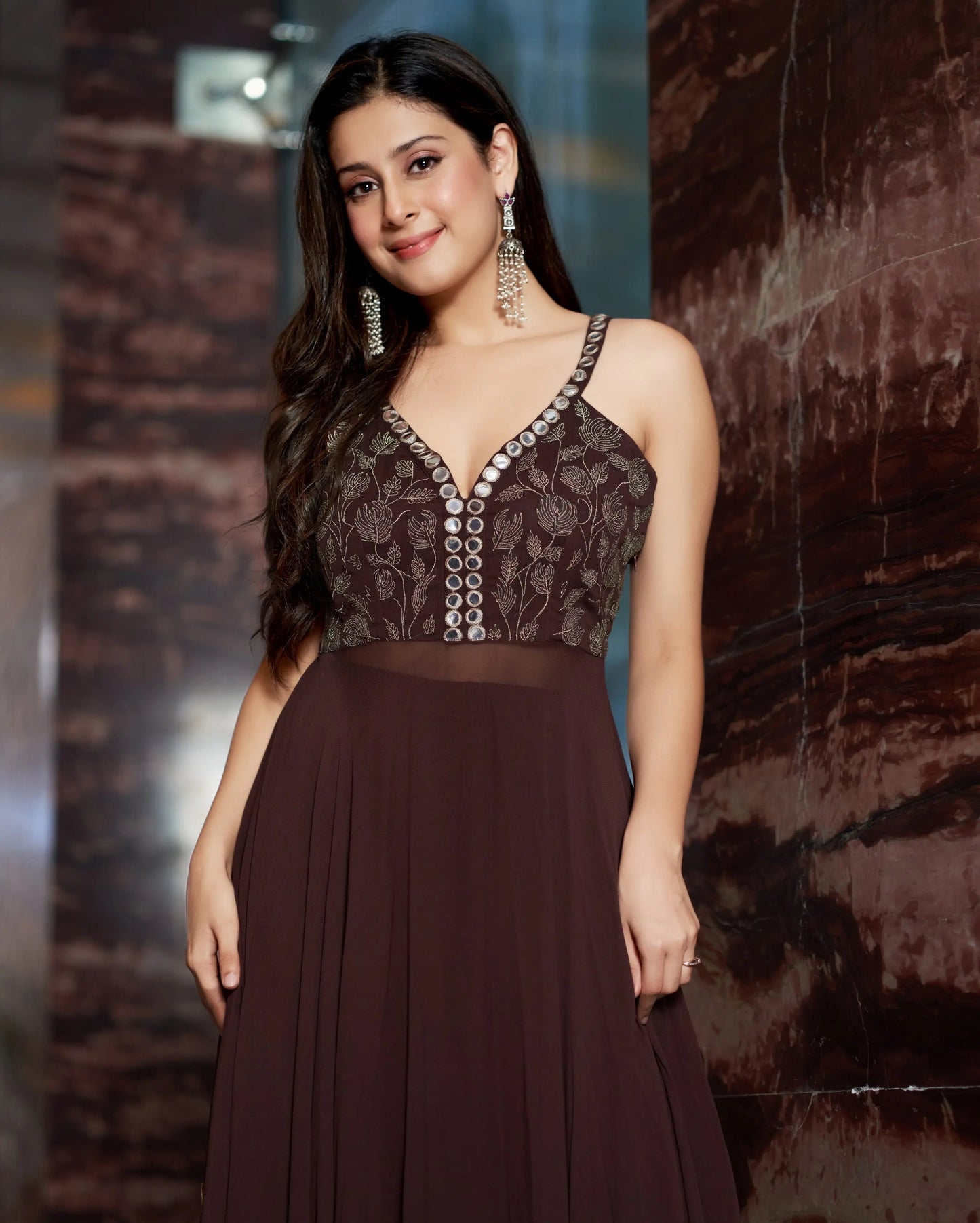 Shriya Brown Embroidered Georgette Kurta Set My Store