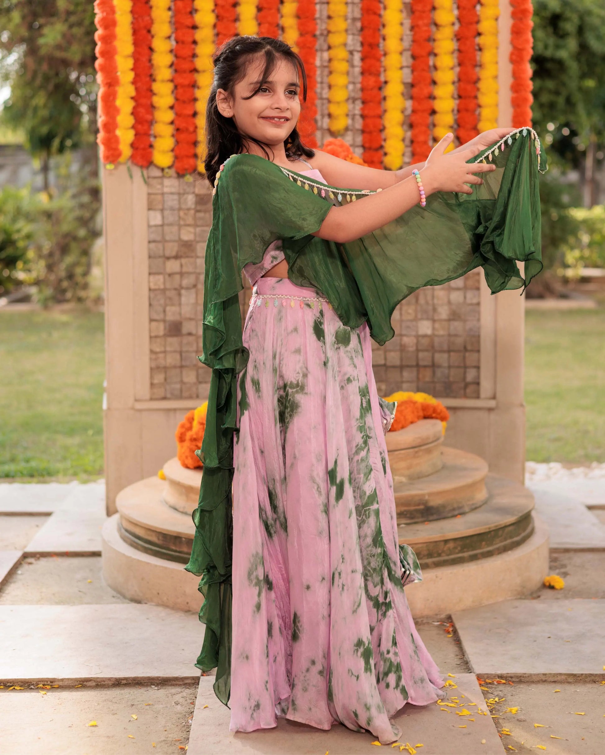 Rainbow Ripple Pink Green Tie Dye Silk Lehenga set My Store