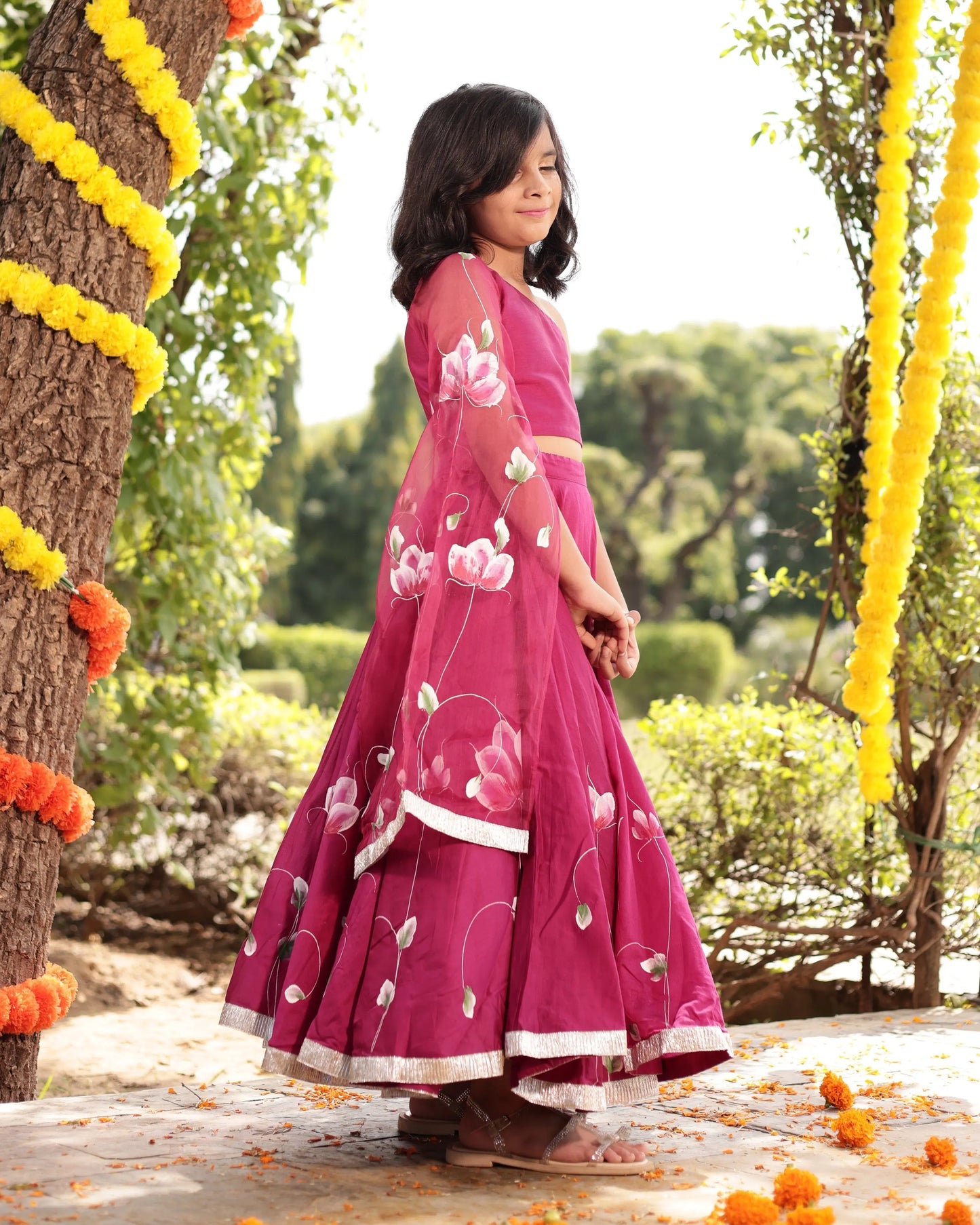 Giggle Magenta Handpainted Chanderi Lehenga Set My Store