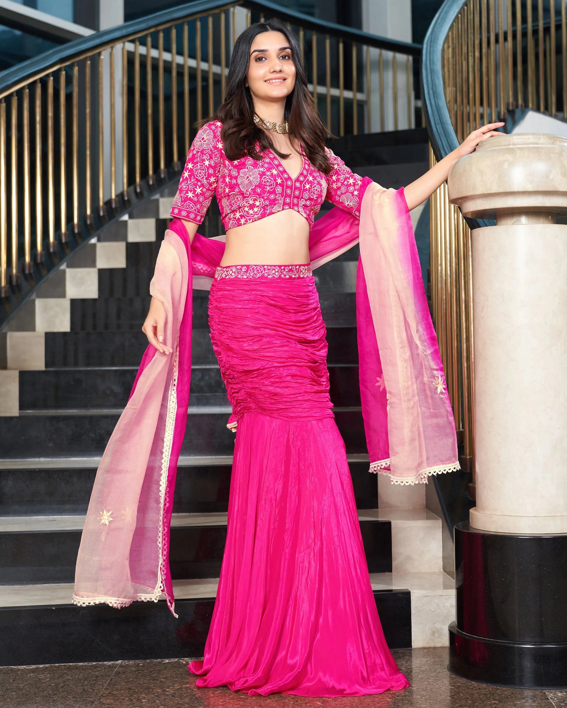 Razzle Pink Embroidered Tabby Silk Lehenga Set My Store