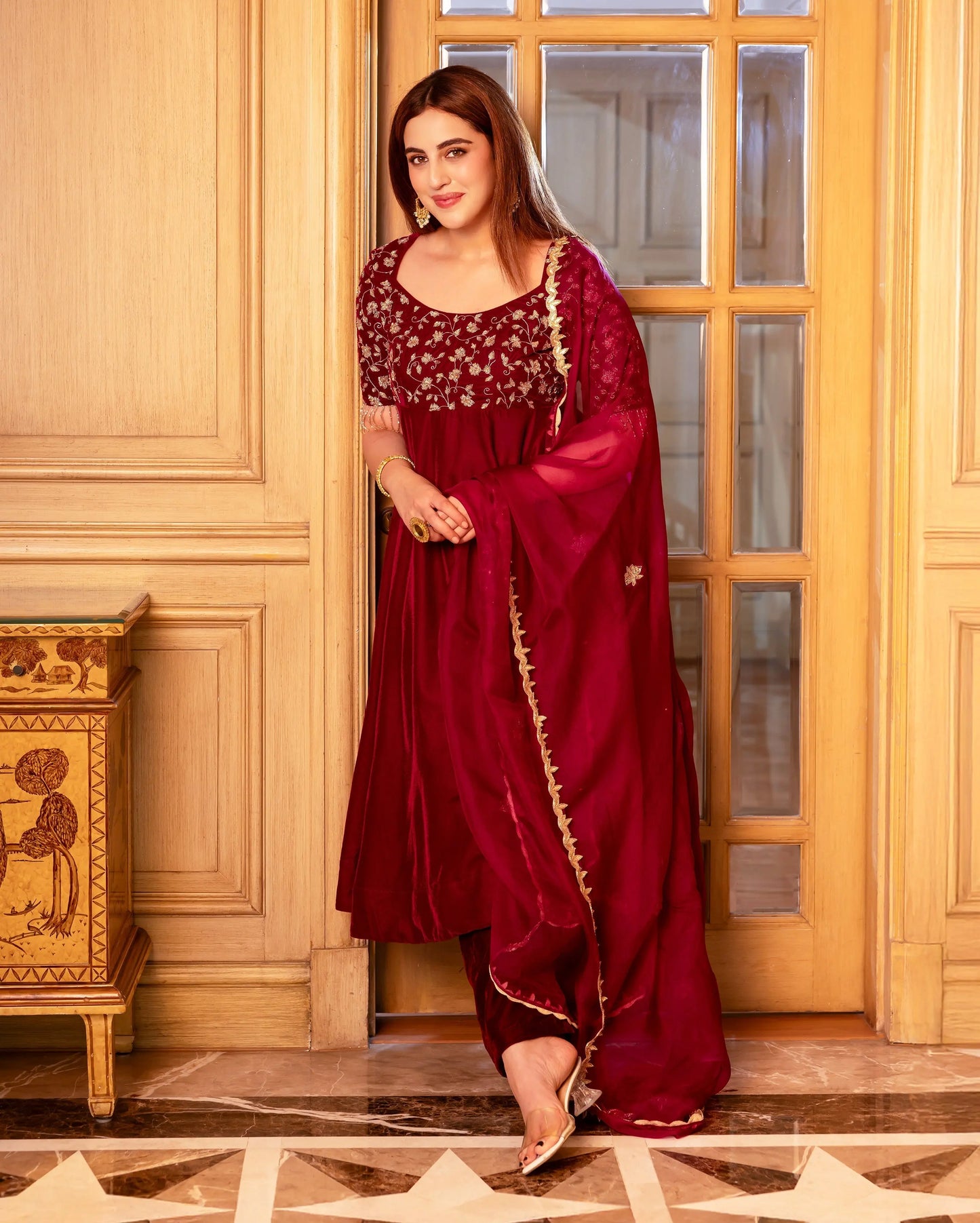 Nargi Wine Embroidered Velvet Suit Set My Store