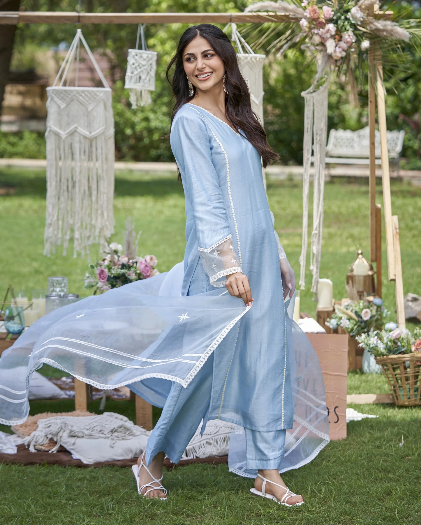 Revin Pastel Blue Embroidered Chanderi Kurta Set My Store