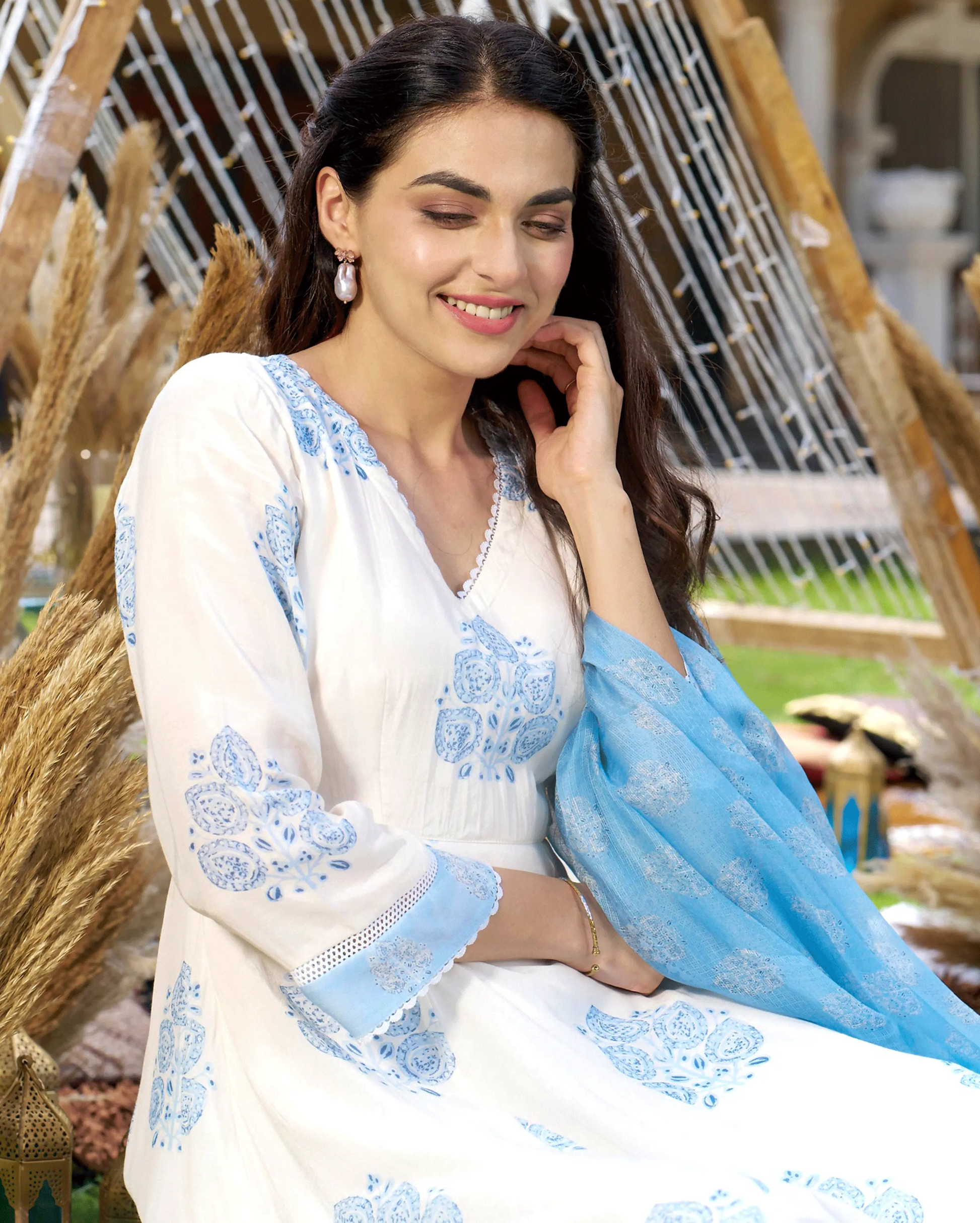 Rudra White Printed Silk Suit Set My Store