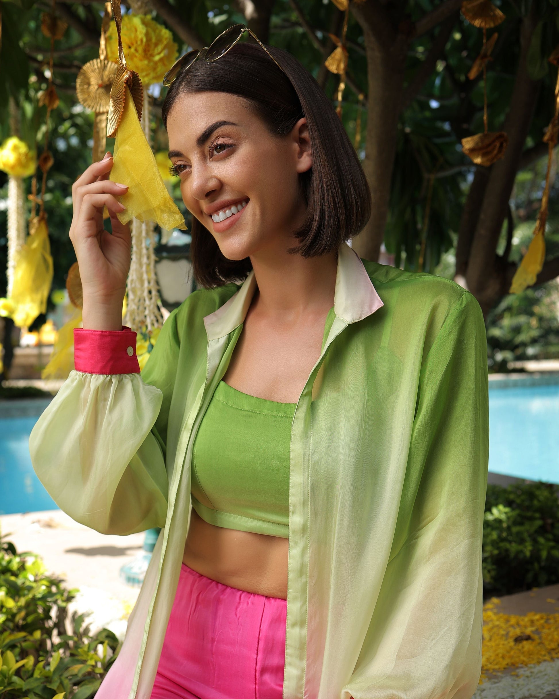 Emerald Green Pink Ombre Silk Coord Set Quick Cart