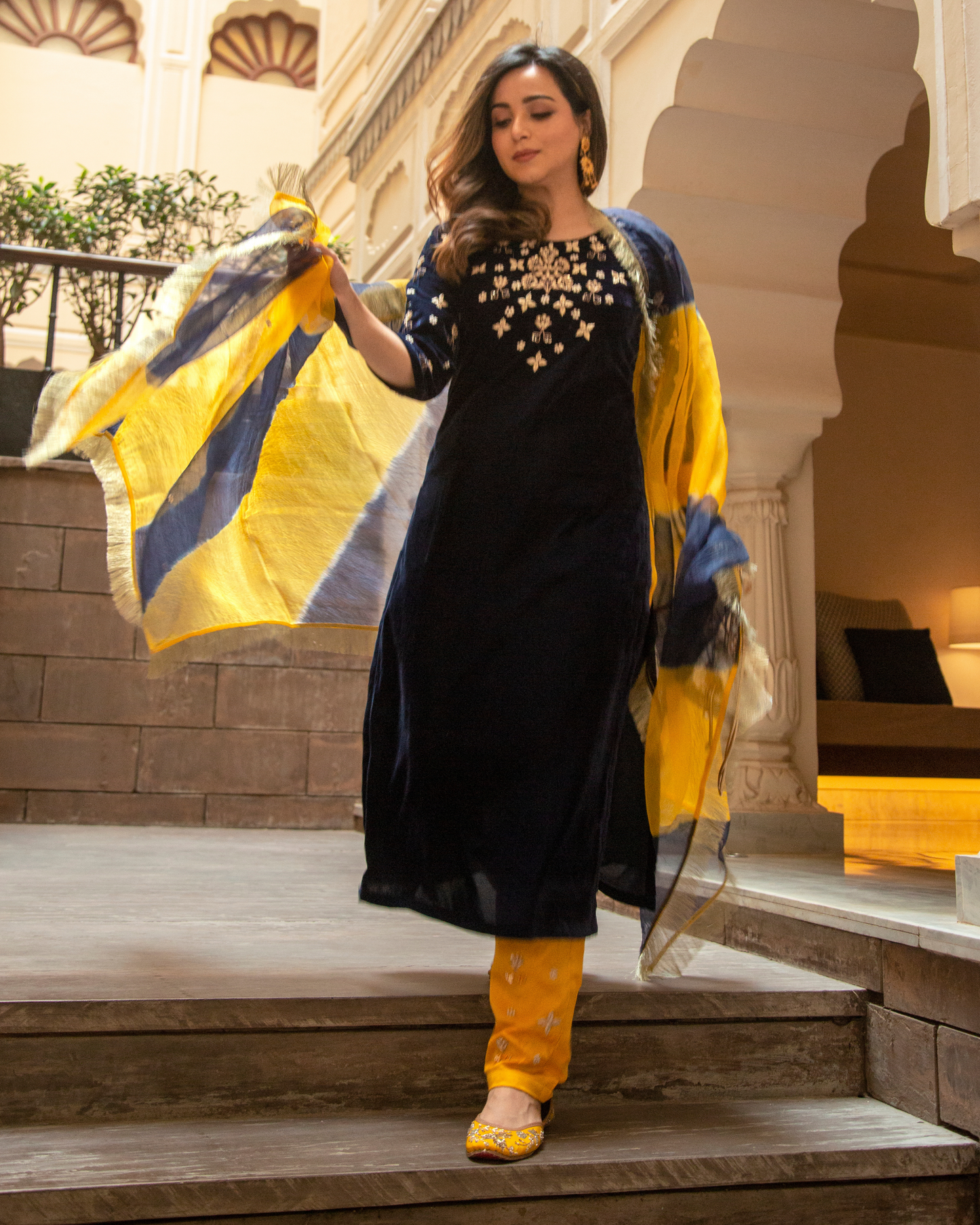 Dazzling Blue Velvet Handcrafted Suit Set Quick Cart