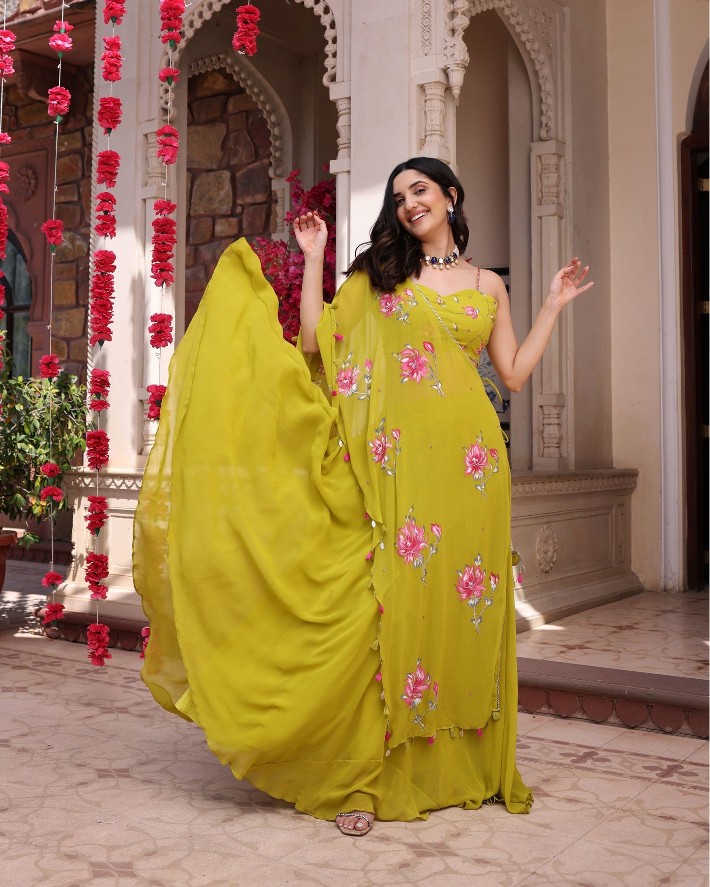 Cyber Lime Floral Handpainted Georgette Fusion Wear Quick Cart