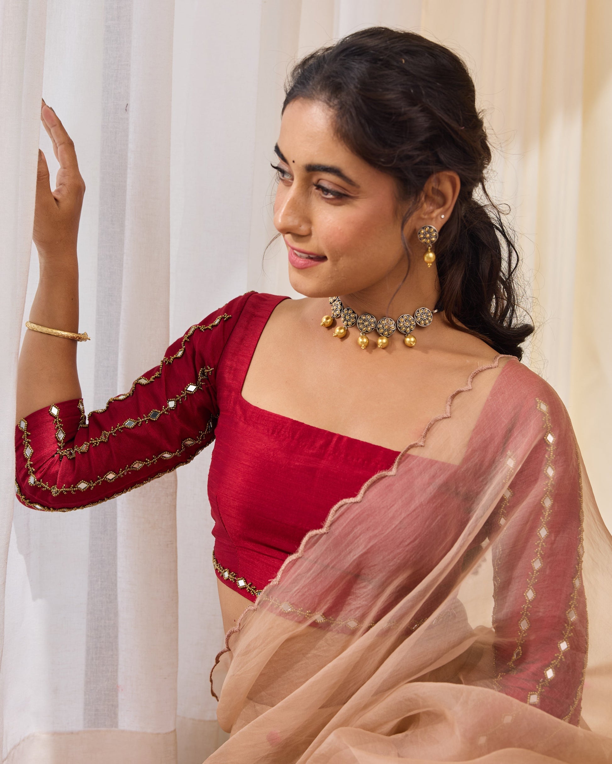 Desert Bloom Maroon Silk Embroidered Blouse My Store