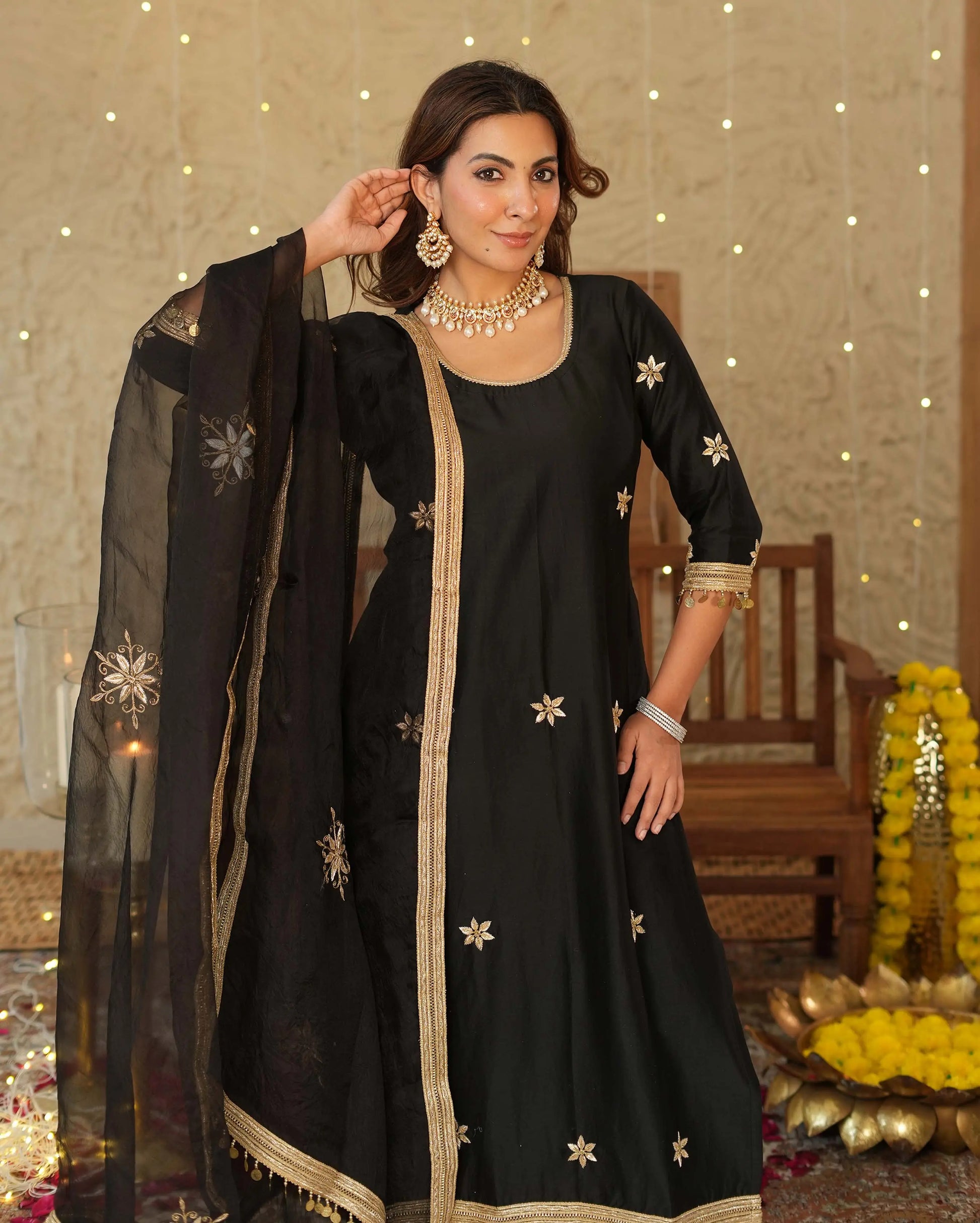Vandana Black Embroidered Chanderi Suit Set My Store