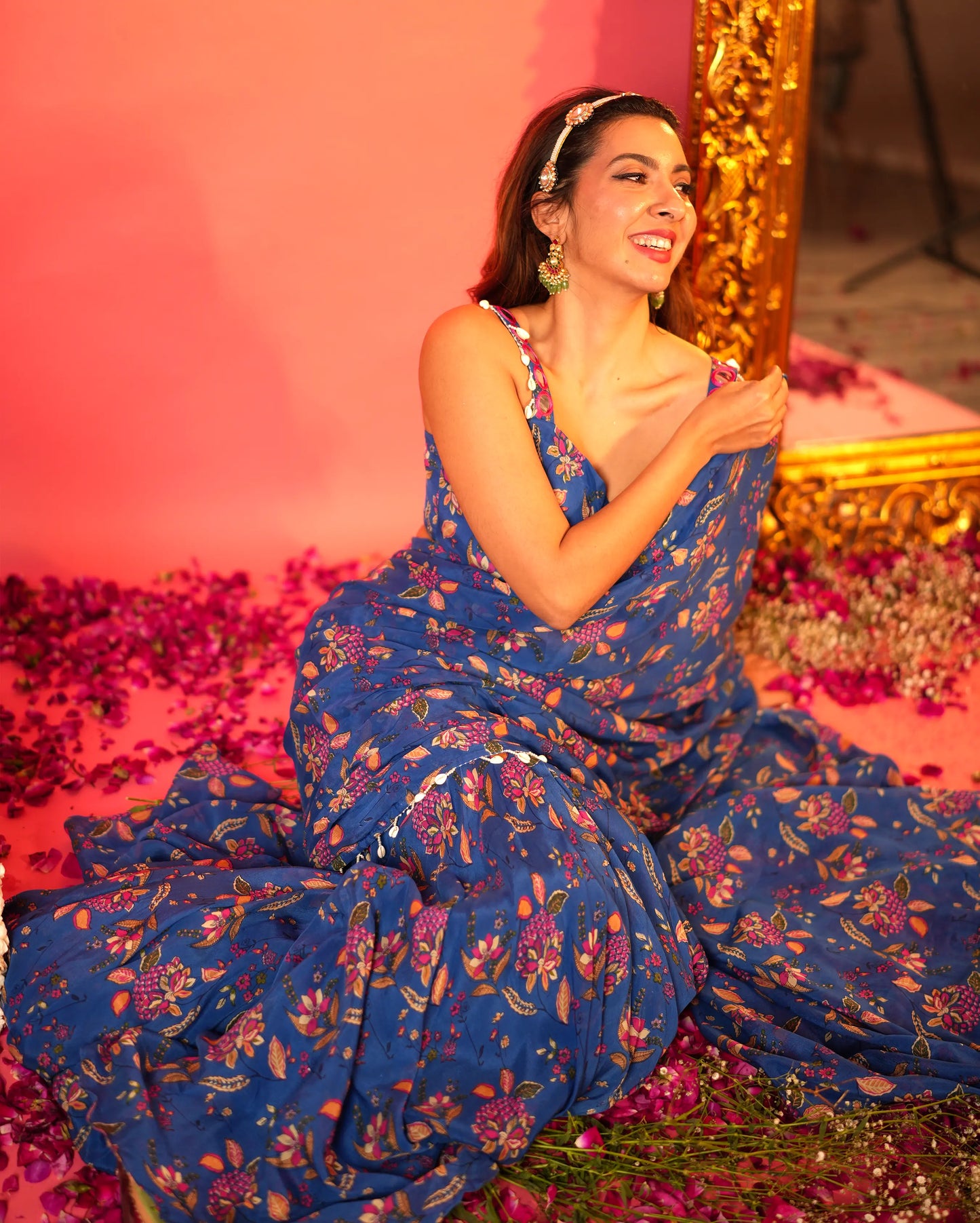 Shruti Blue Printed Chinon Pre-draped Saree My Store