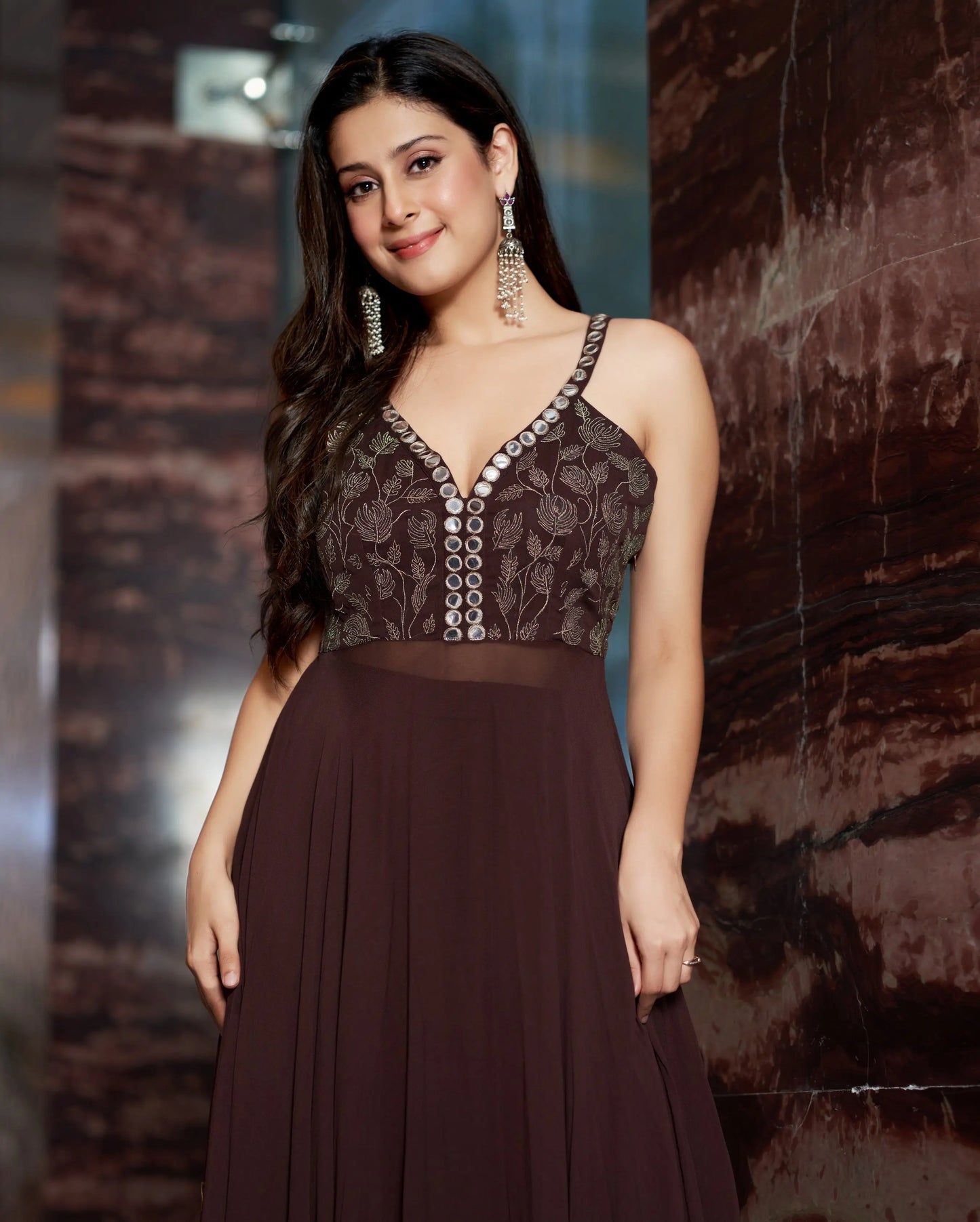 Shriya Brown Embroidered Georgette Kurta Set My Store