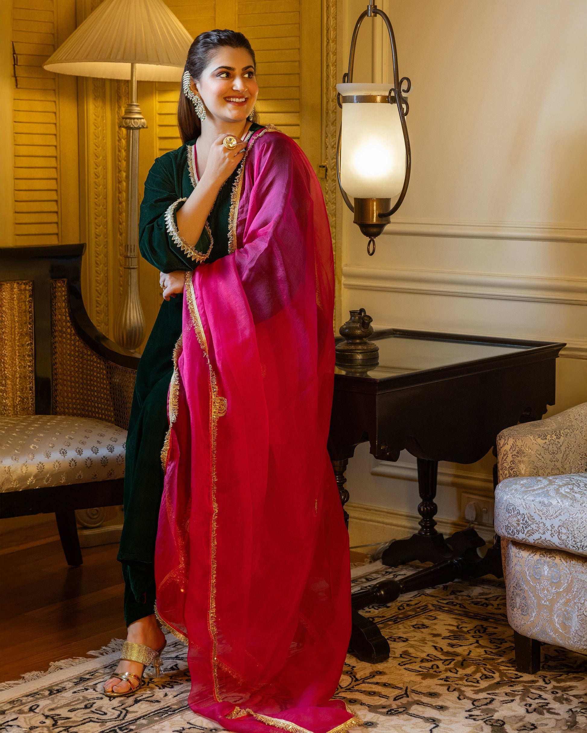 Nargis Green Solid Velvet Suit Set My Store