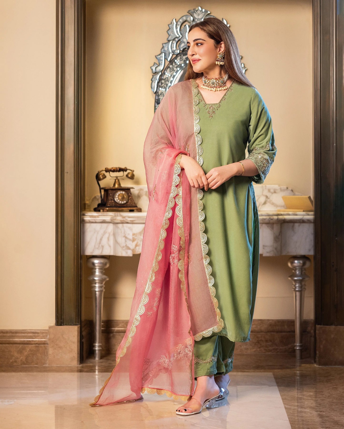 Taskin Sage Embroidered Velvet Suit Set My Store