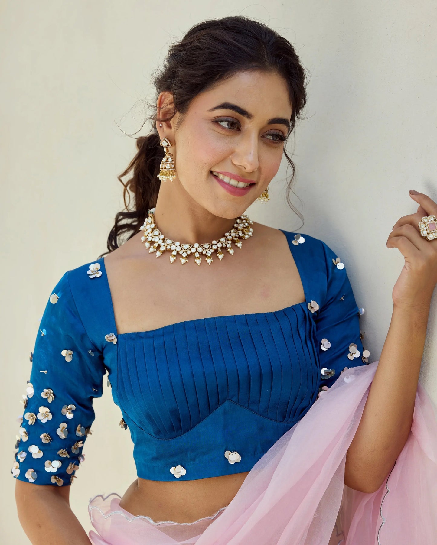 Midnight Blue Satin Embroidered Blouse My Store