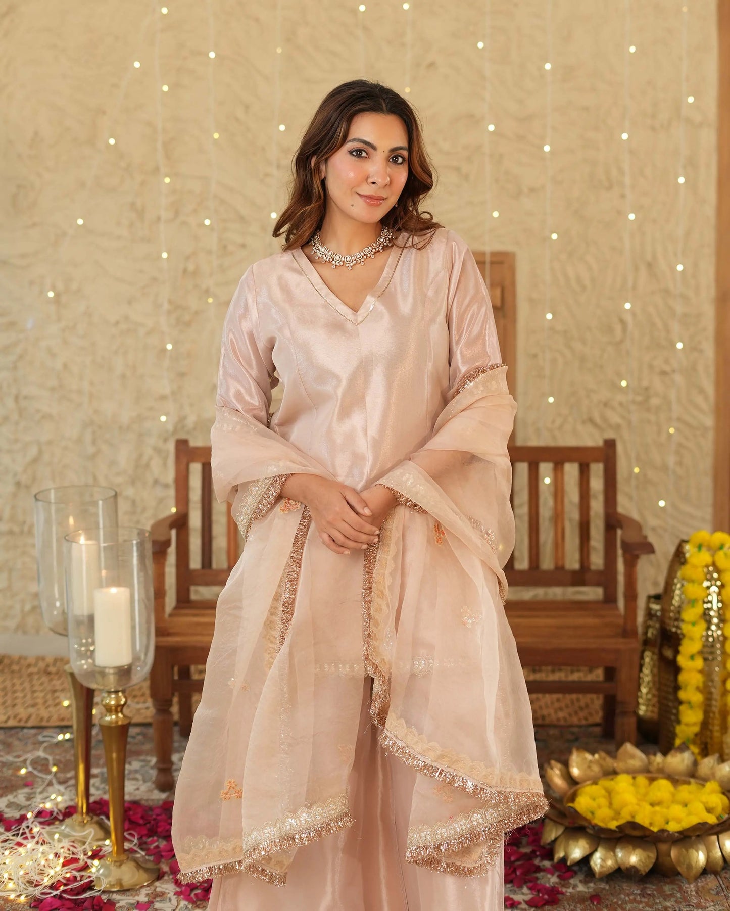 Pataka Beige Solid Tissue Suit Set My Store