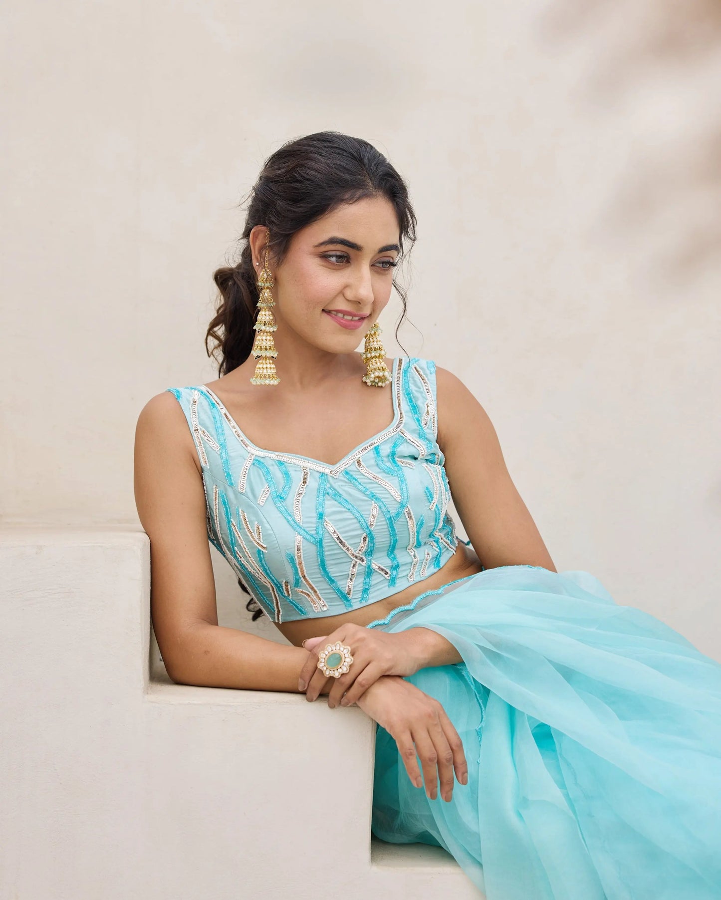 Blue Petal Satin Embroidered Blouse My Store