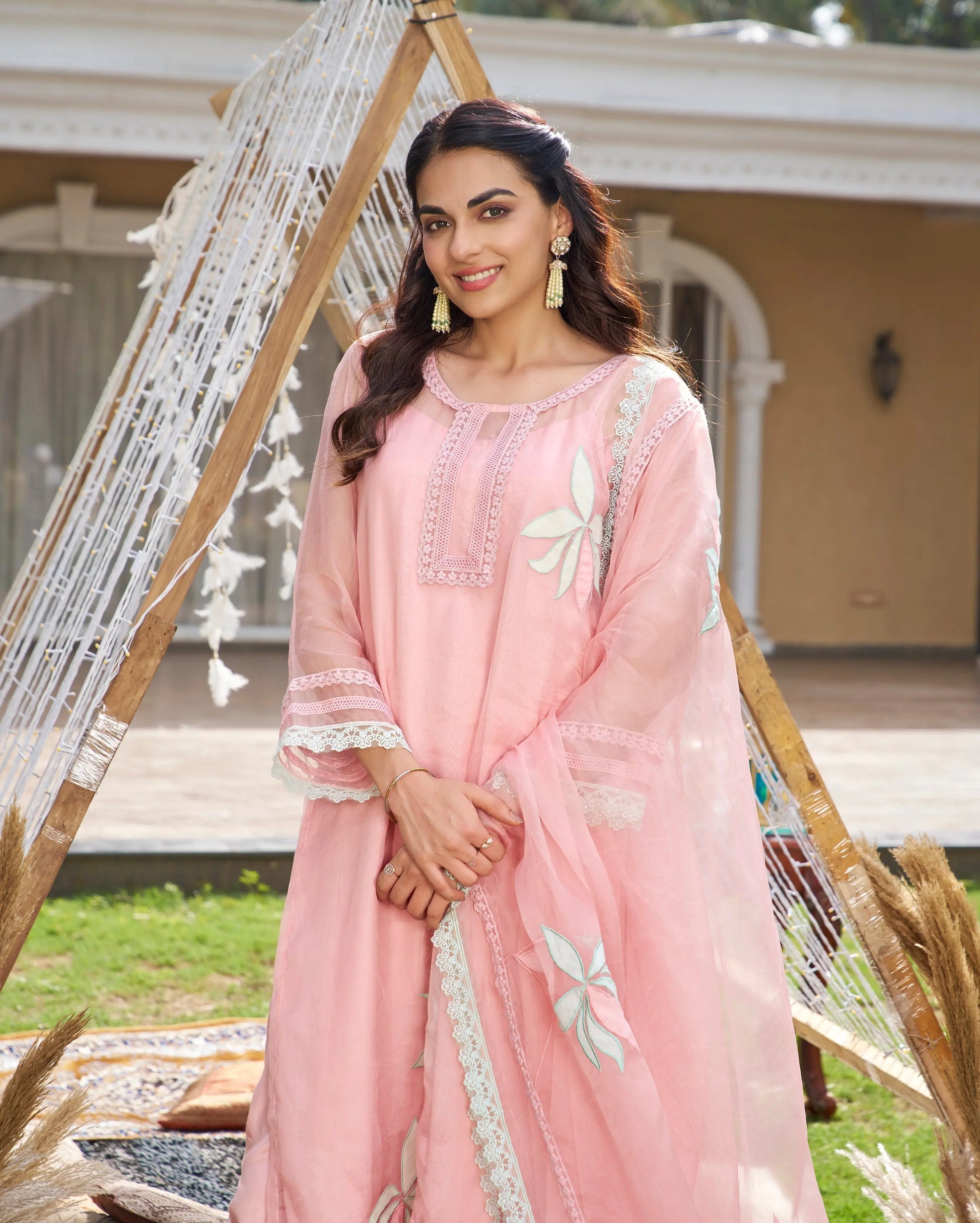 Disha Pink Applique Organza Kurta Set My Store