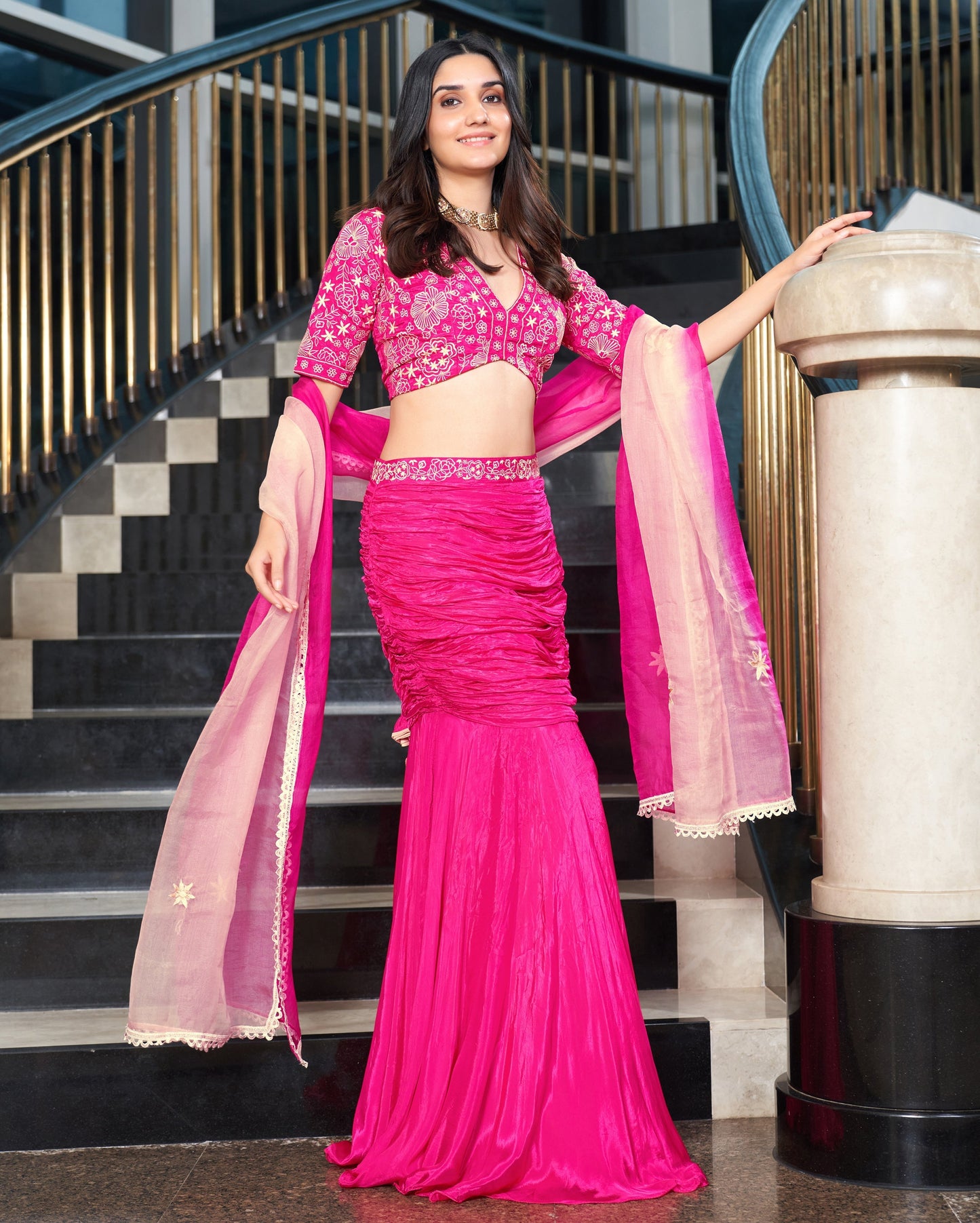 Razzle Pink Embroidered Tabby Silk Lehenga Set Quick Cart
