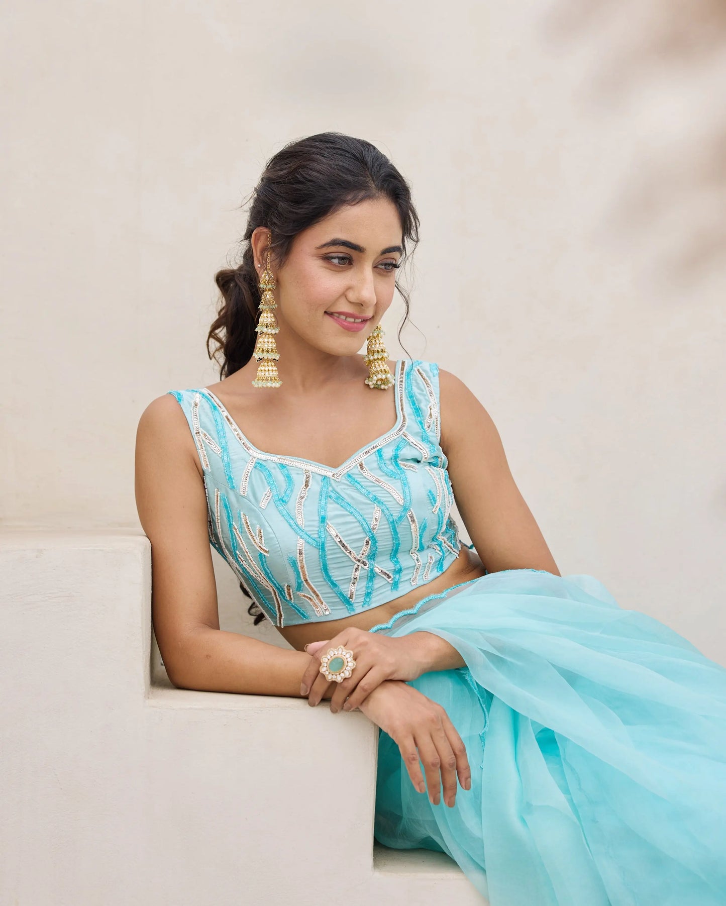 Blue Petal Satin Embroidered Blouse My Store