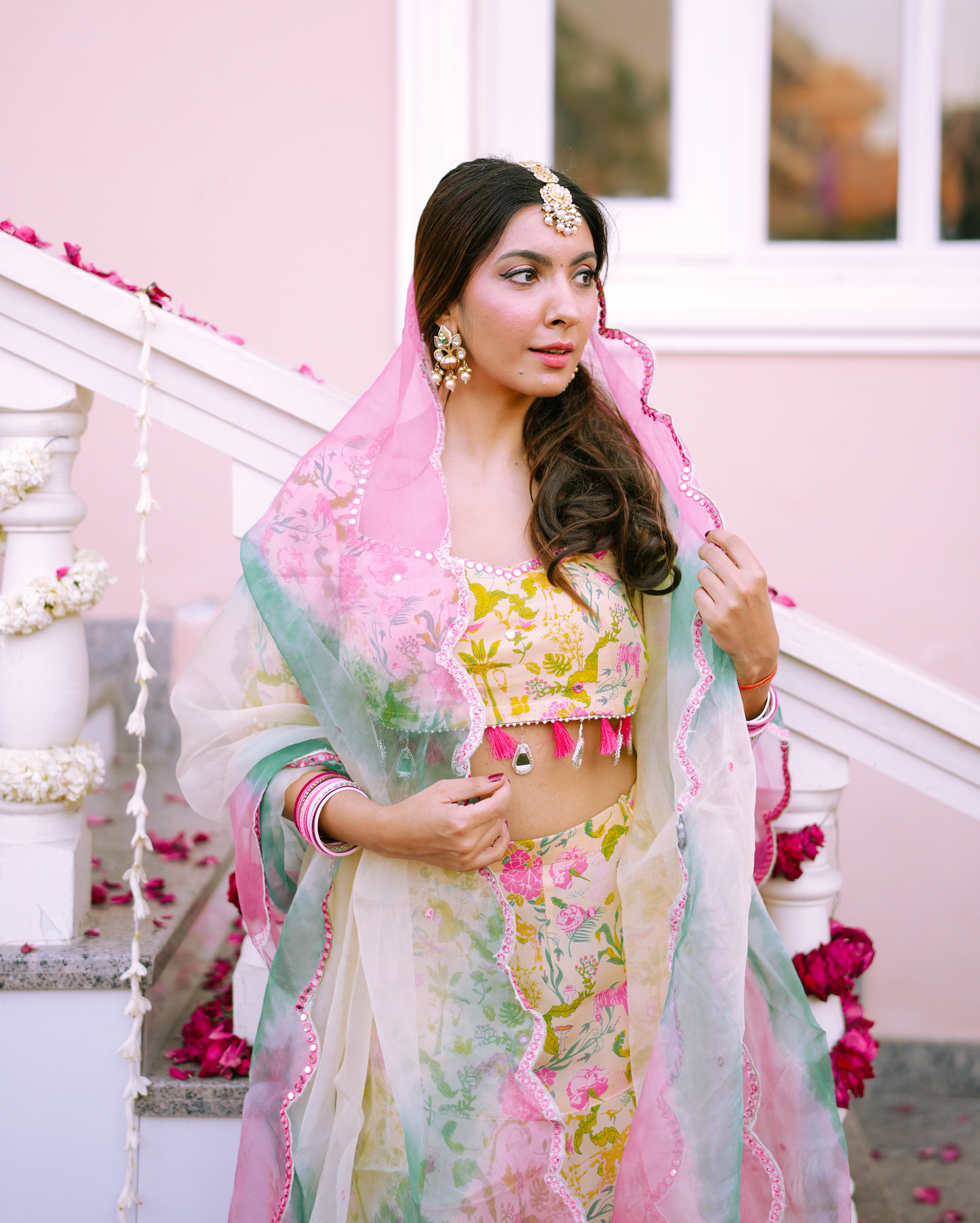 Vidari Cream Printed Organza Lehenga Set My Store