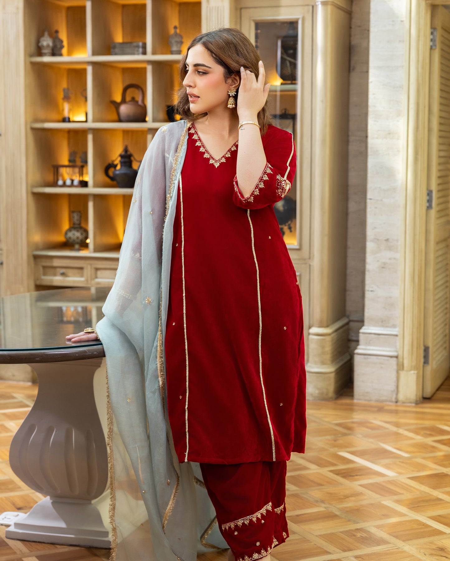 Jasper Red Embroidered Velvet Suit Set My Store