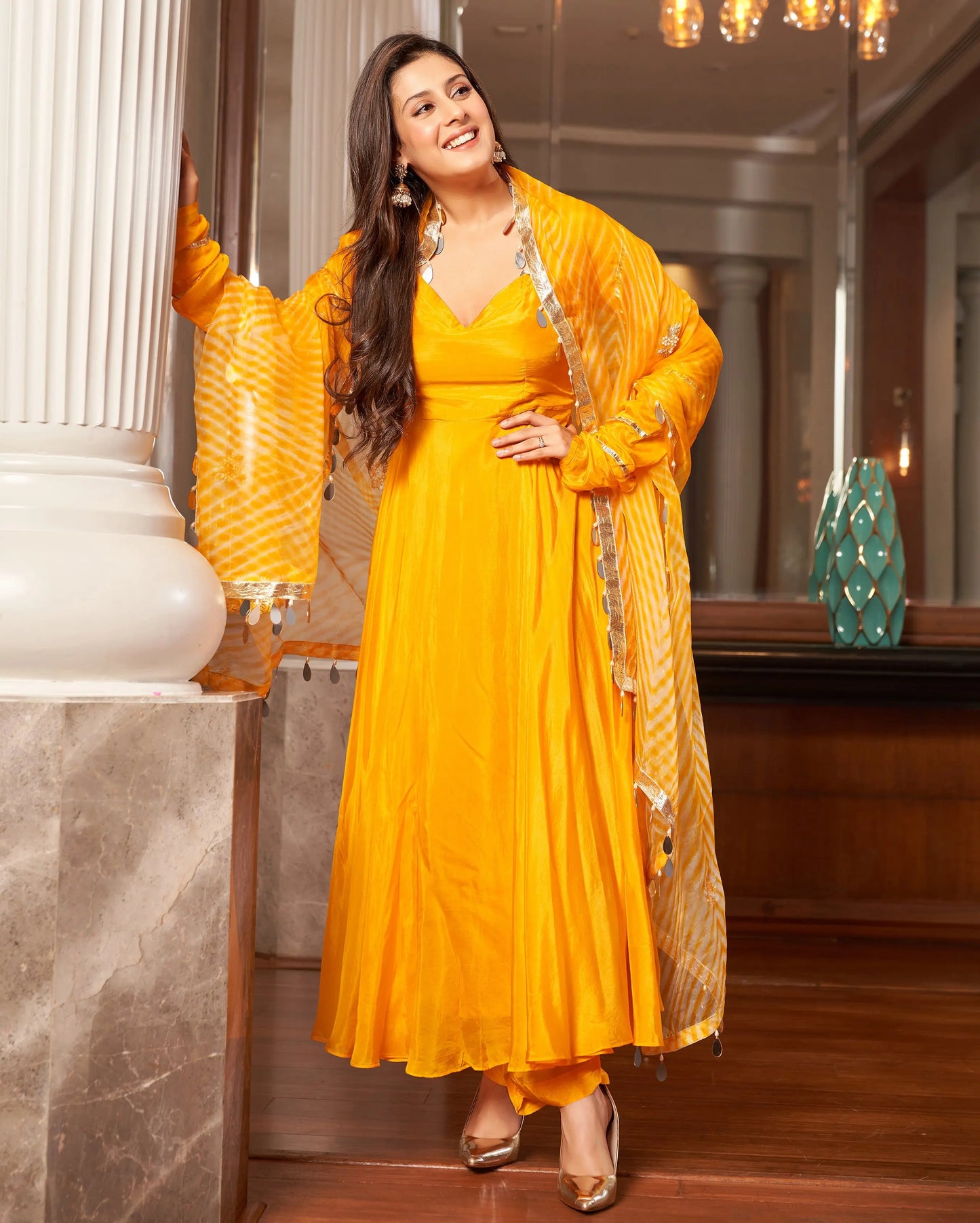 Avittam Mustard Yellow Leheriya Silk Suit Set My Store