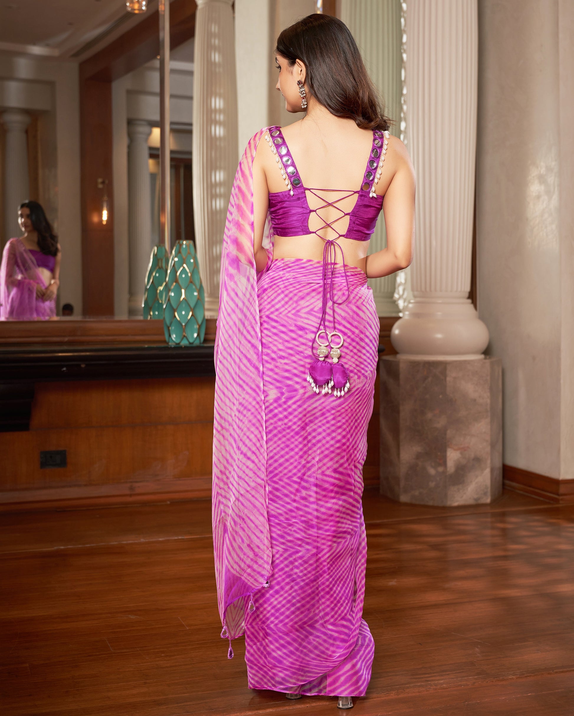 Varaha Purple Leheriya Organza Pre Draped Saree Quick Cart