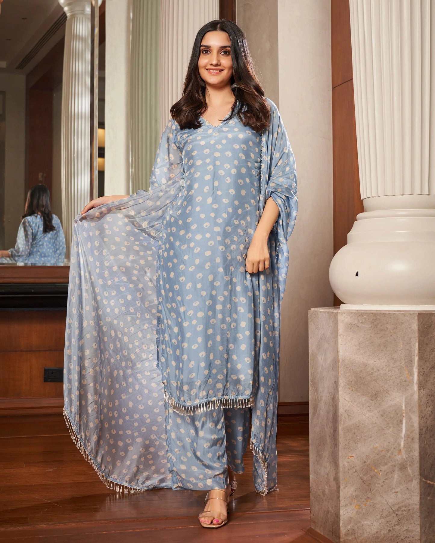 Tarang Pastel Blue Bandhani Silk Suit Set My Store