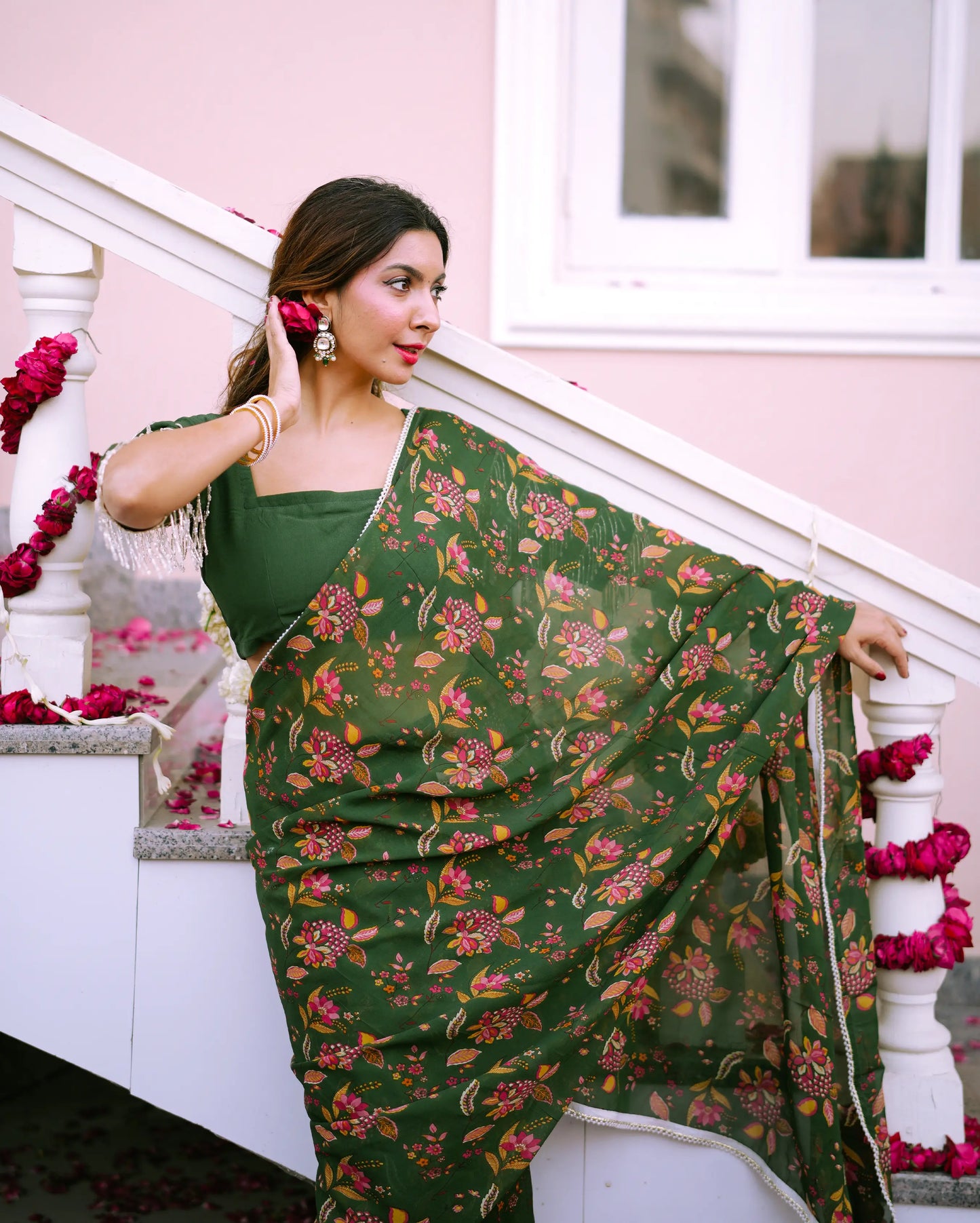 Kusum Green Printed Georgette Pre-draped Saree My Store