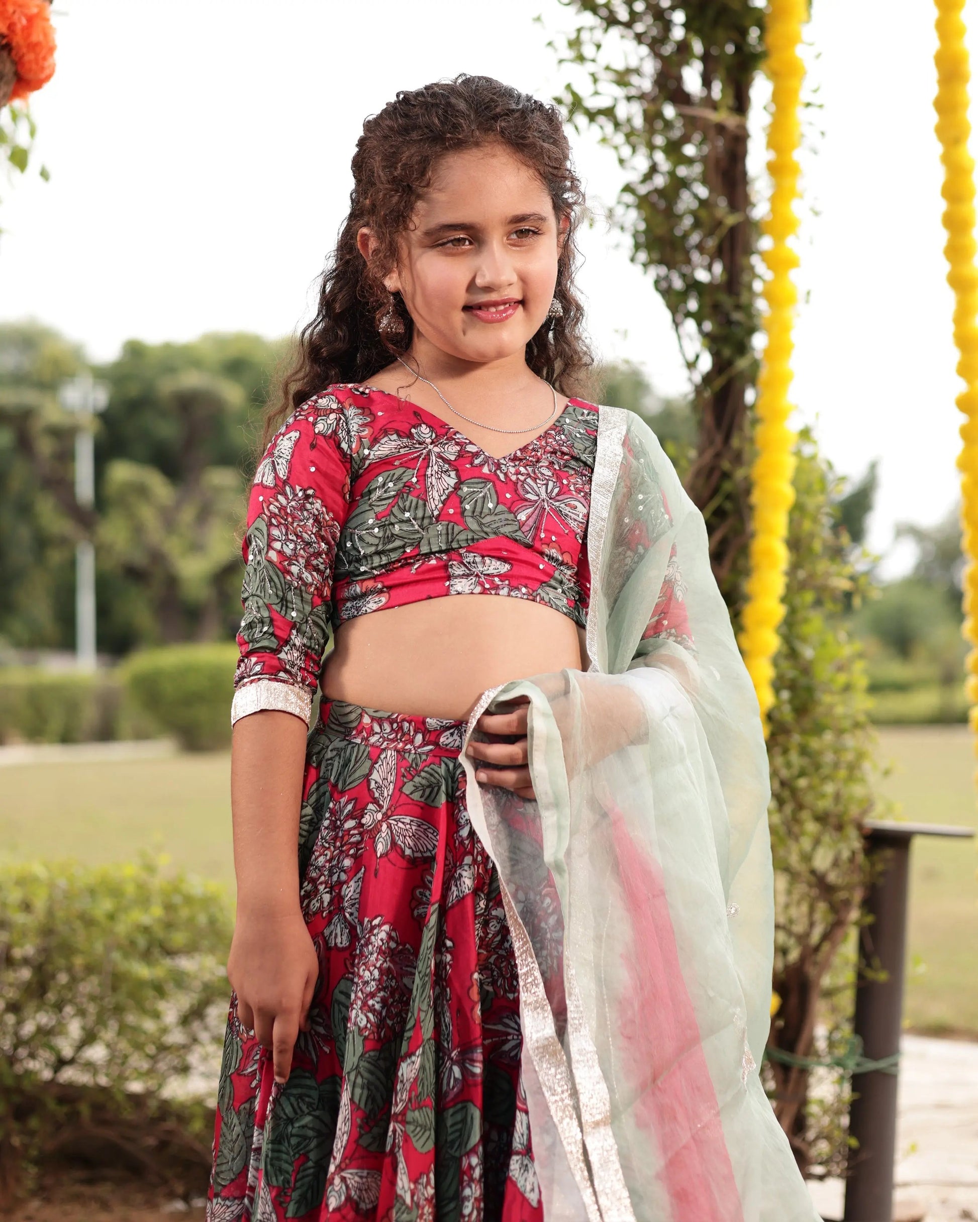 Frolic Red Printed Chanderi Lehenga Set My Store