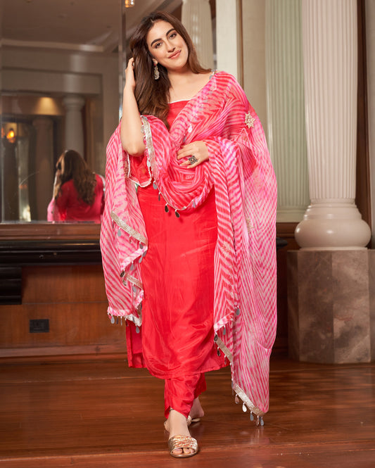 Krushi Pink Leheriya Silk Suit Set Quick Cart