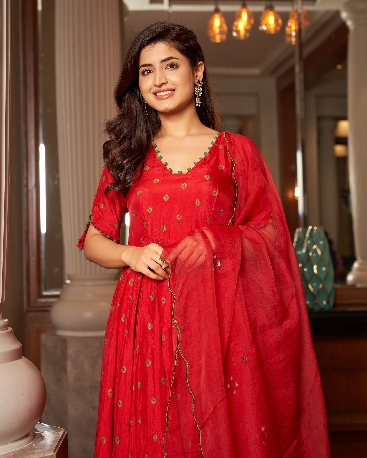 Rasa Red Bandhani Silk Suit Set Quick Cart