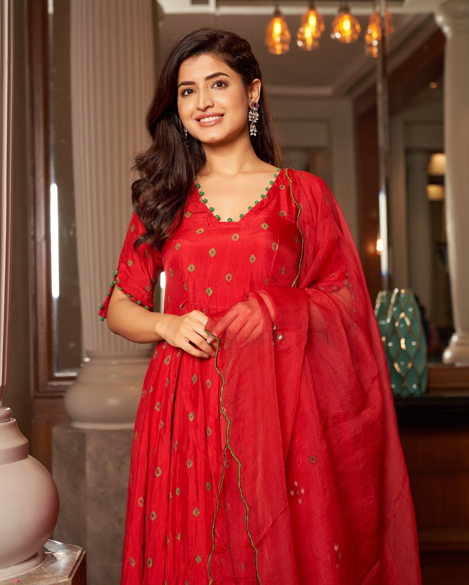 Rasa Red Bandhani Silk Suit Set Quick Cart