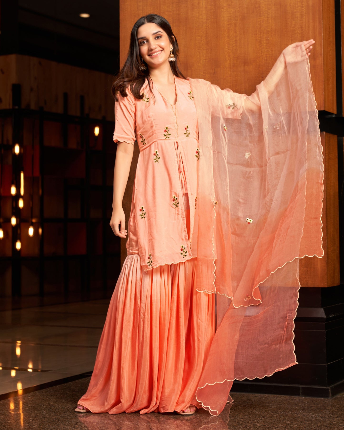 Heather Peach Embroidered Muslin Silk Sharara Set Quick Cart