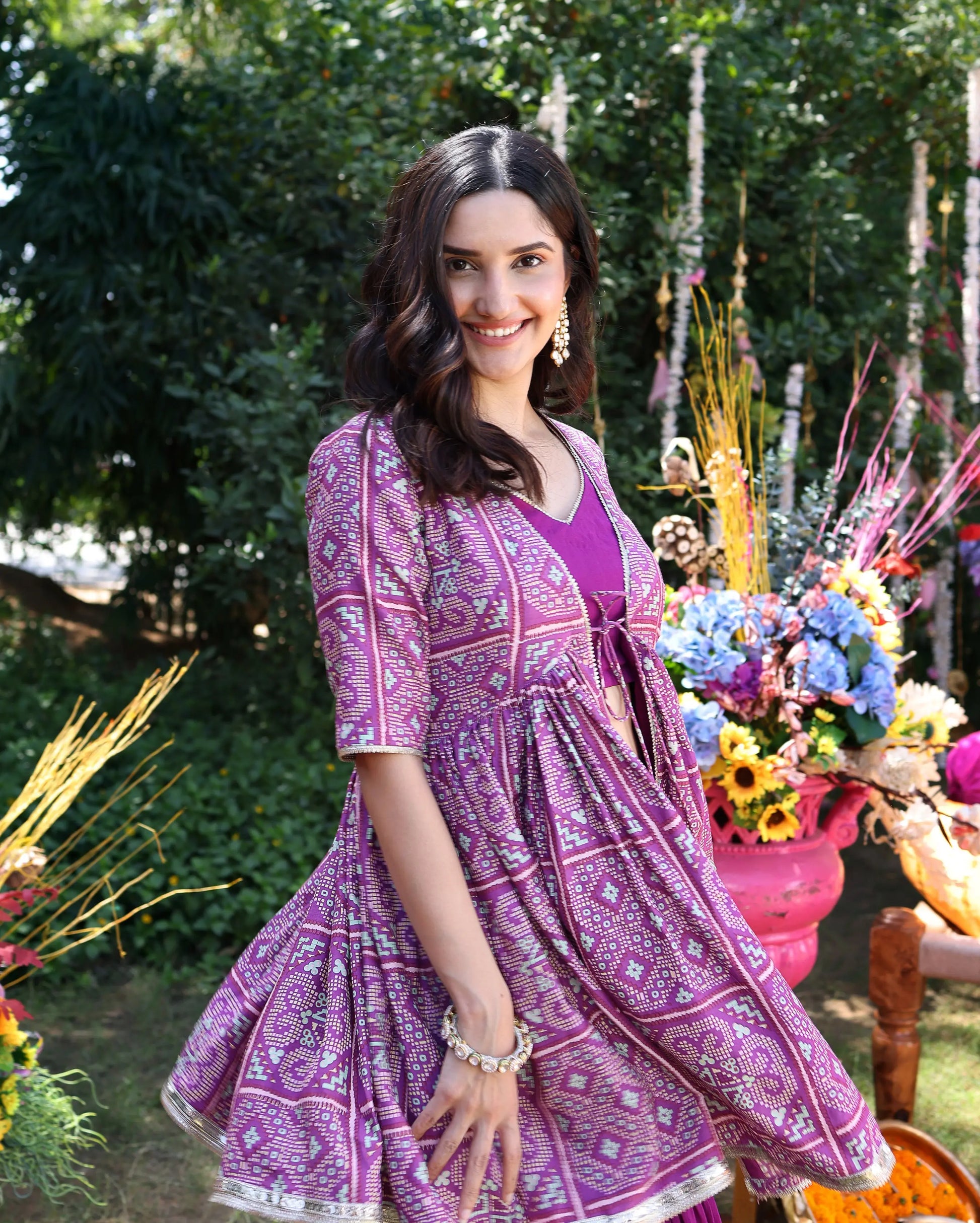 Geometric Purple Elegance Printed Satin Sharara Set My Store