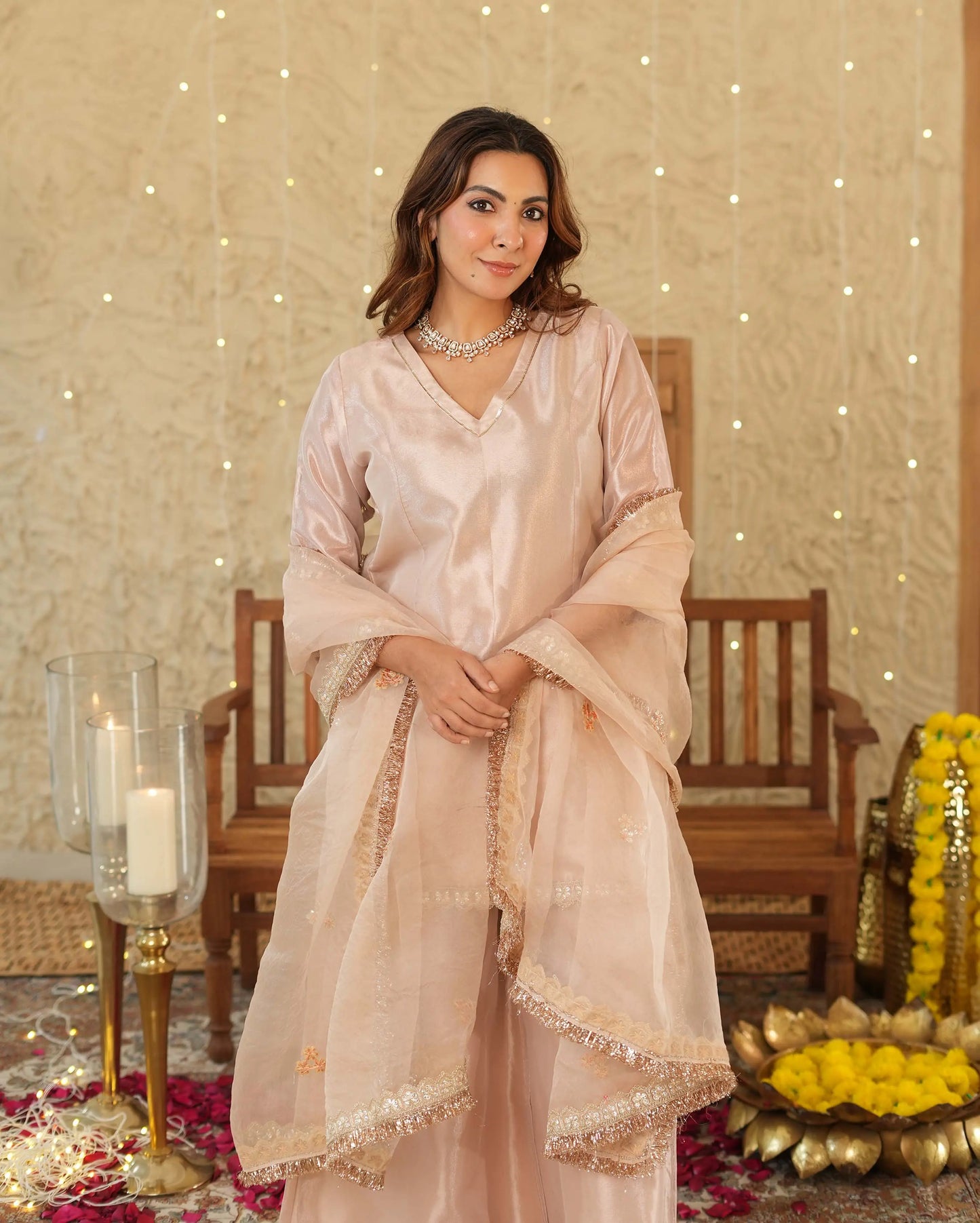 Pataka Beige Solid Tissue Suit Set My Store