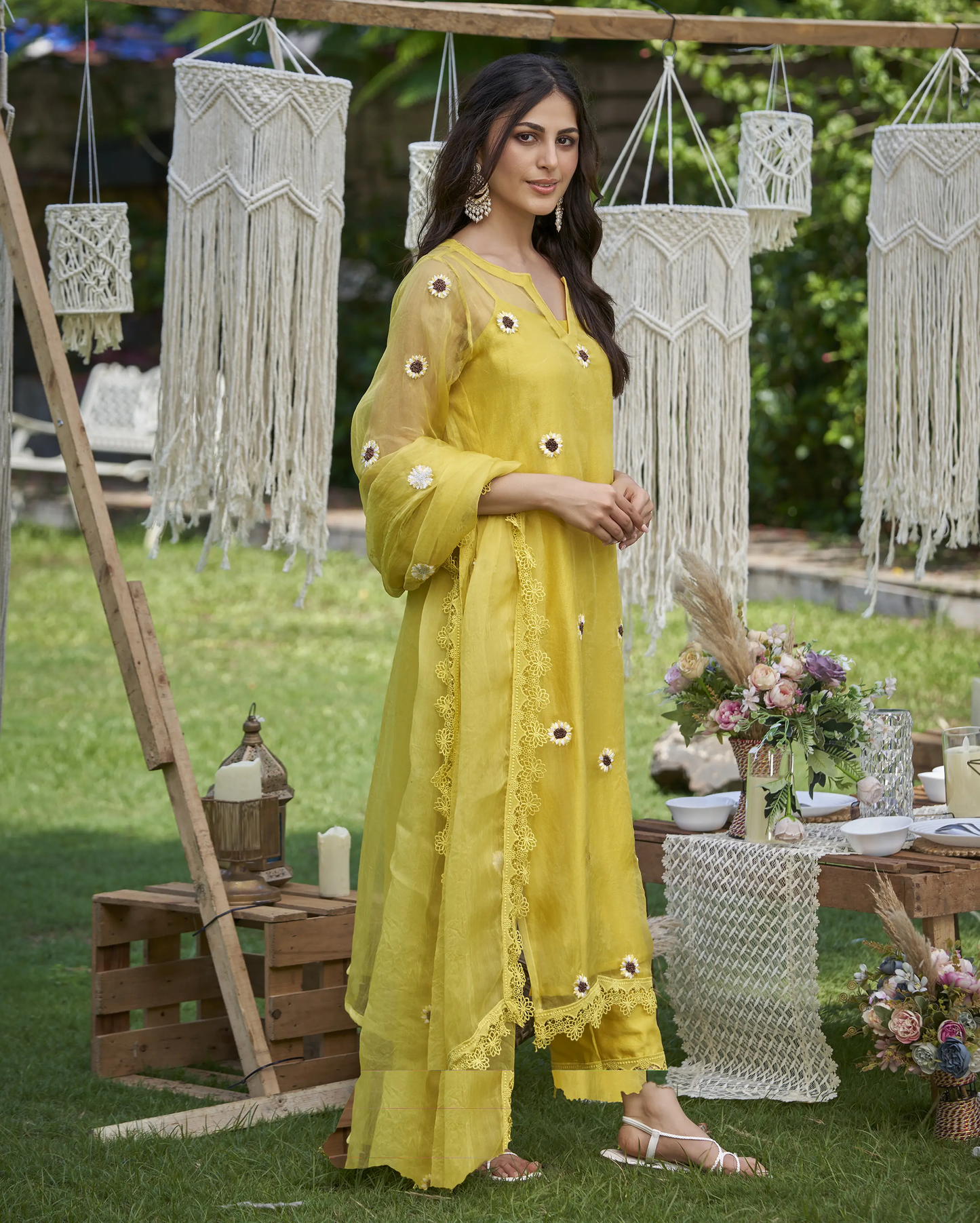Murat Yellow Embroidered Organza Kurta Set My Store