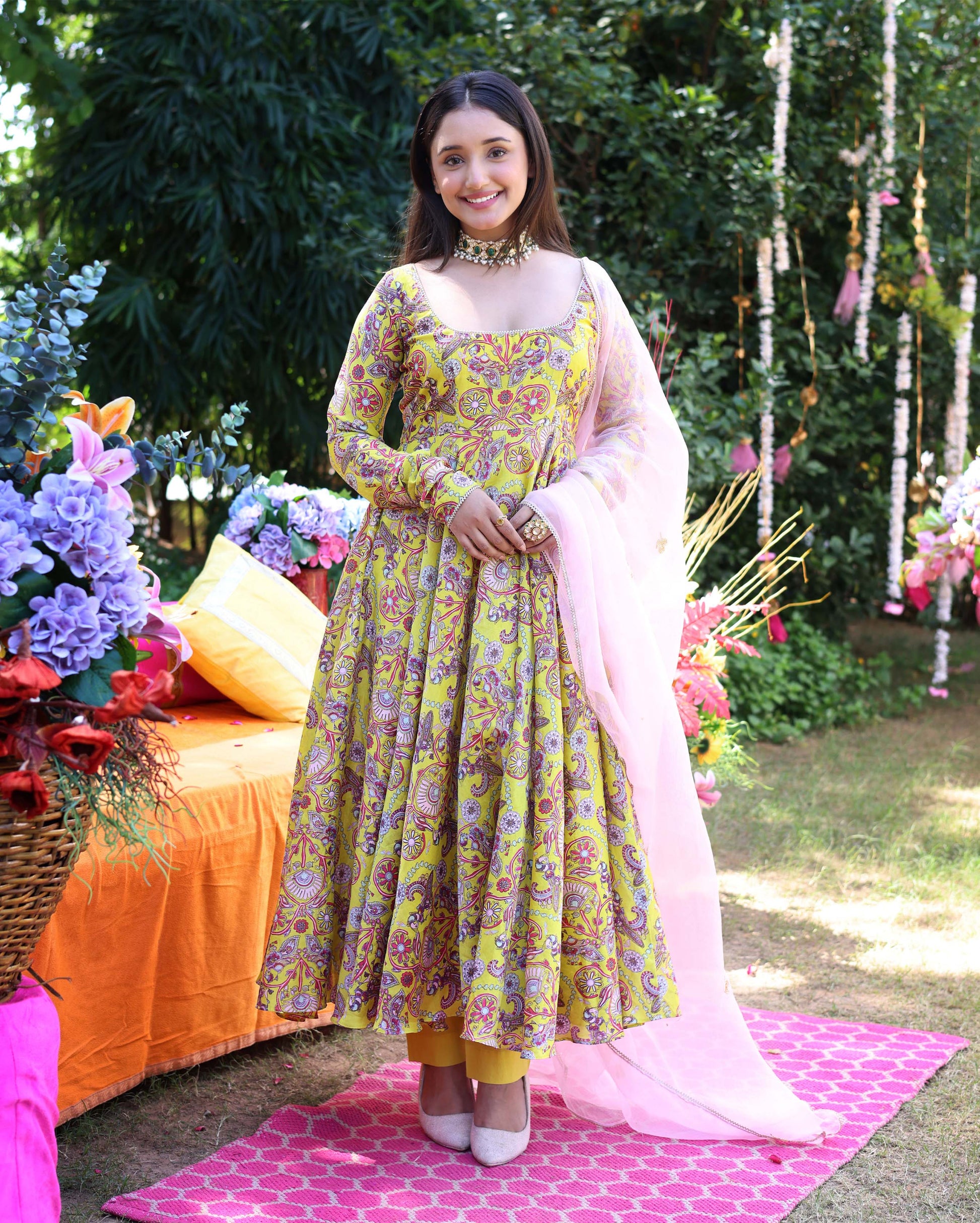 Sunglow Yellow Printed Chanderi Suit Set Quick Cart