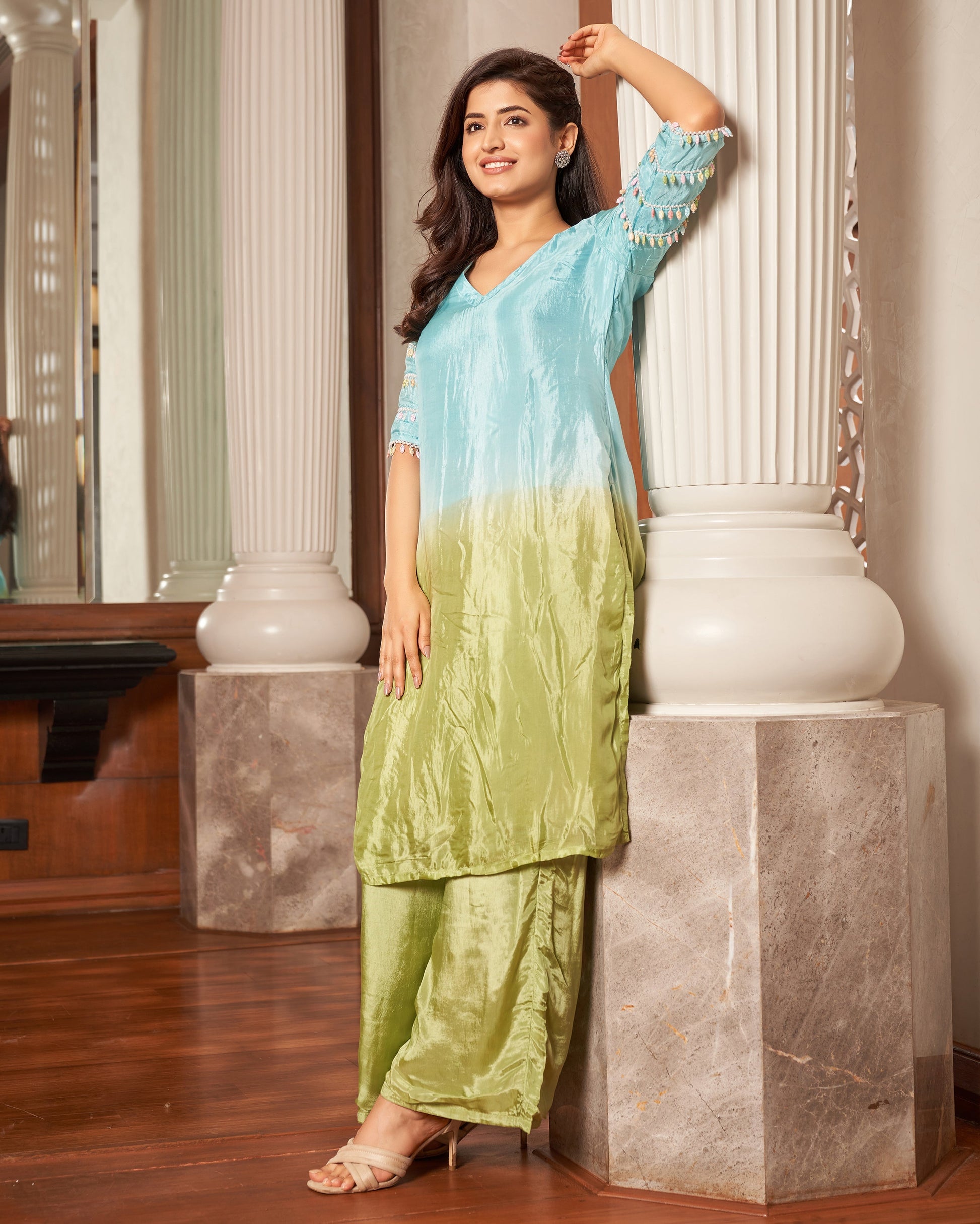 Matsya Blue Green Ombre Silk Kurta Set Quick Cart