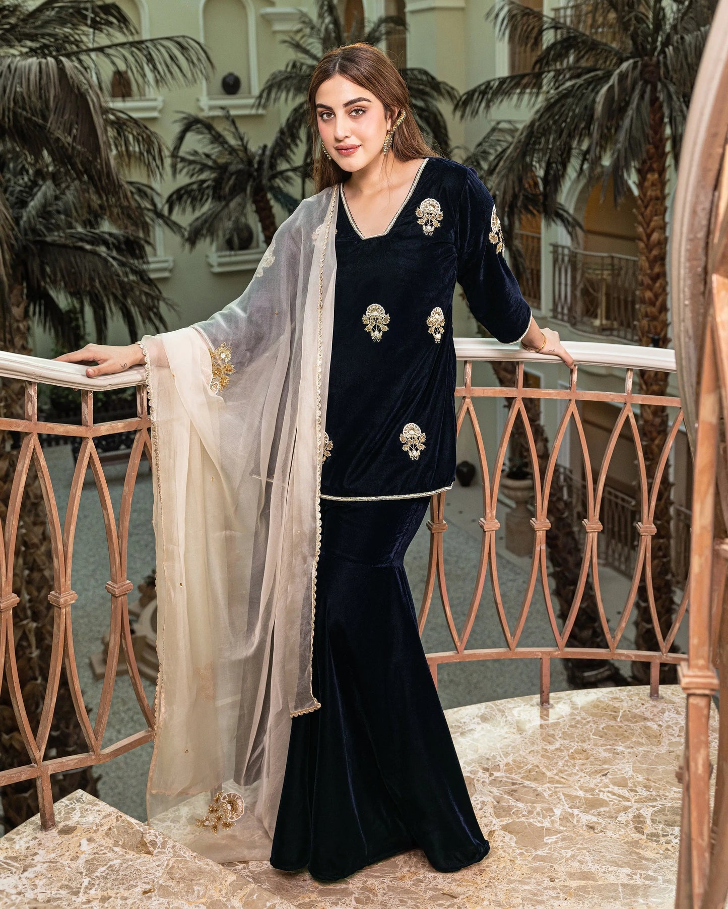 Nihayat Navy Embroidered Velvet Sharara Set My Store
