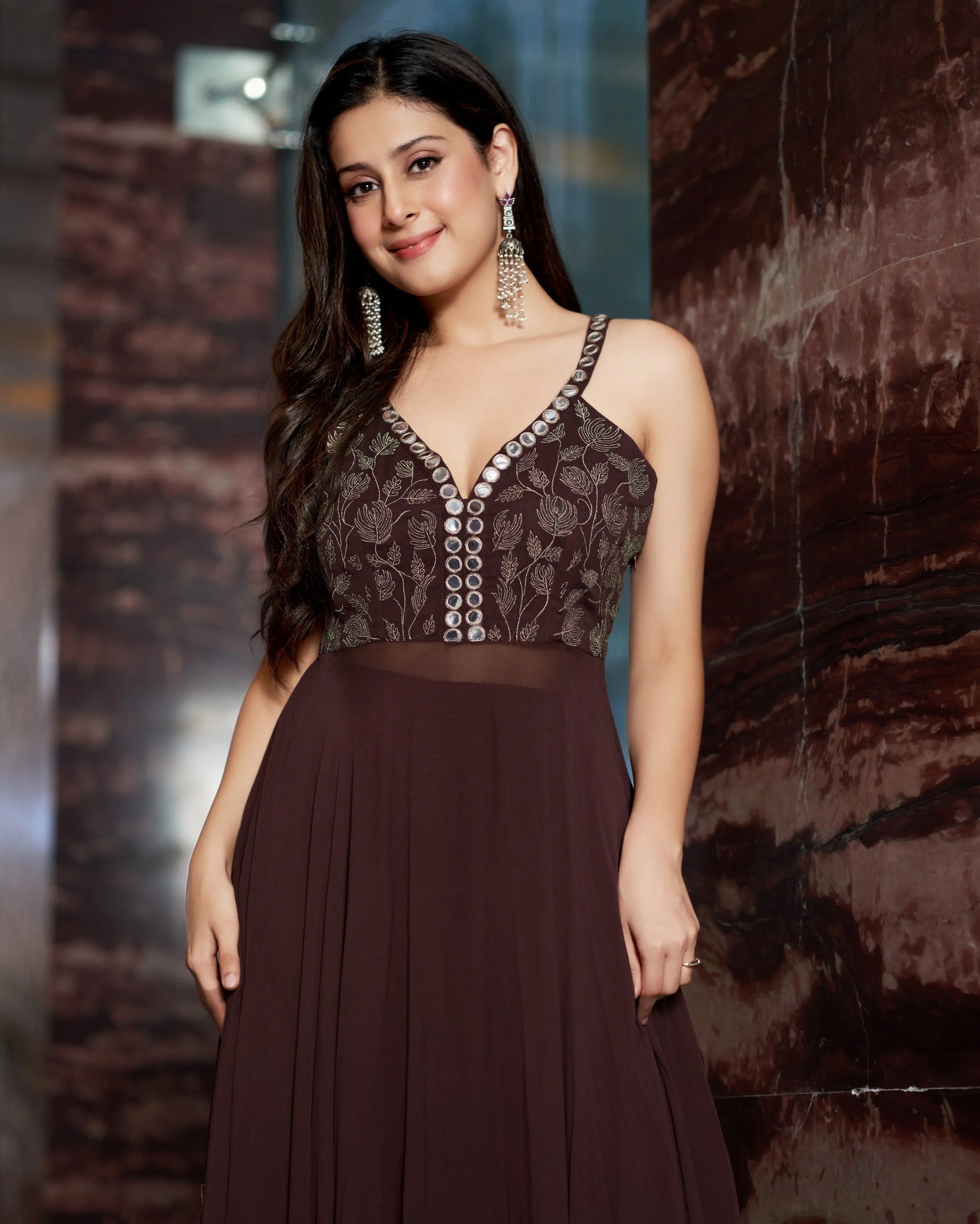 Shriya Brown Embroidered Georgette Kurta Set My Store